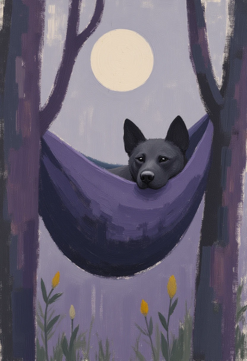 hellhound napping in a hammock novuschroma style dry brush painting