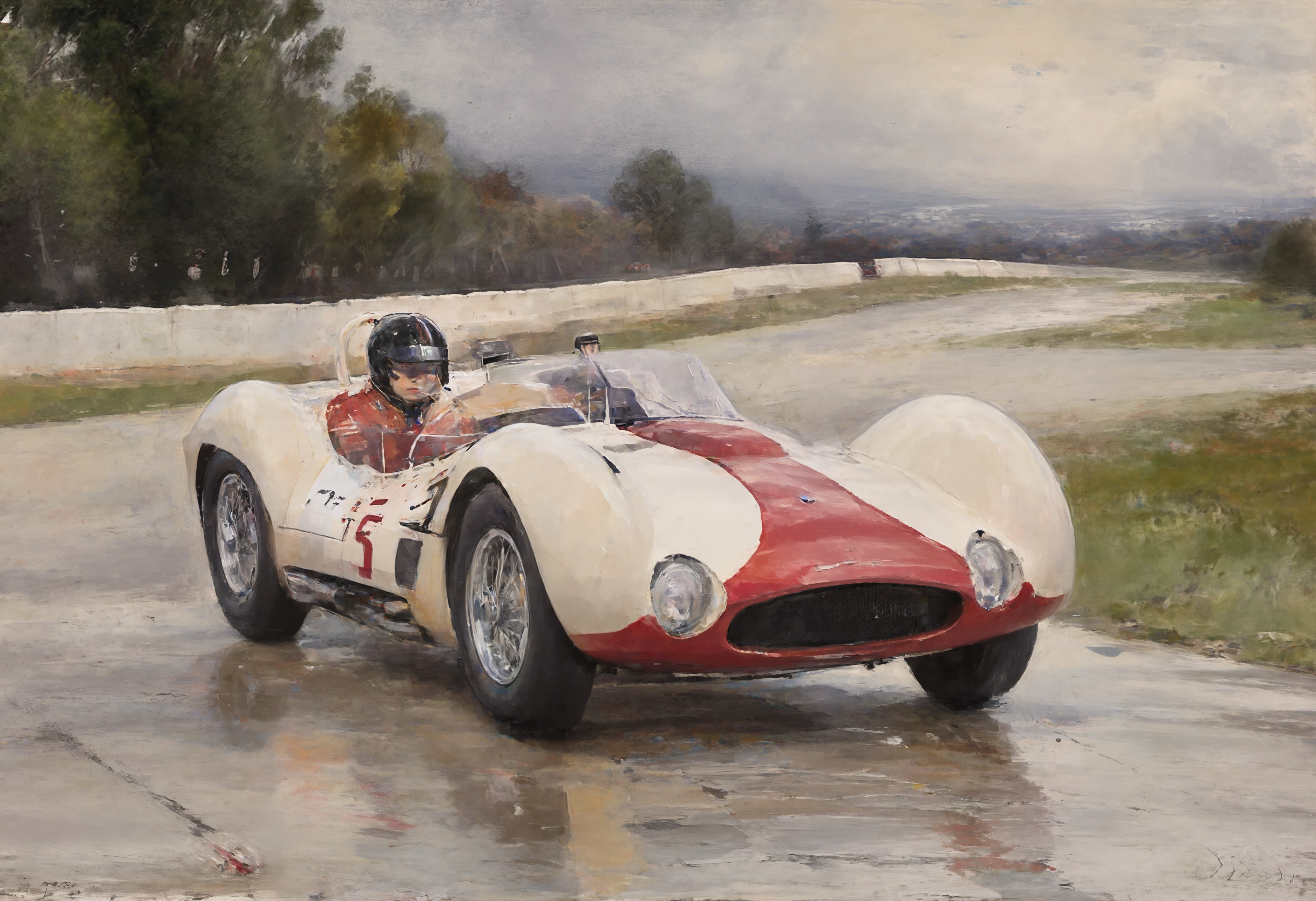 a dynamic action wcxl watercolor painting of a Cashmere Beige mazer8t_t1po6l sports car with Crimson Red stripes, front 3/4 view, rain thunderclouds fog and splashes, 1boy (in a right-hand hairpin at the race track:1.25), motion blur, dark moody low-key, 