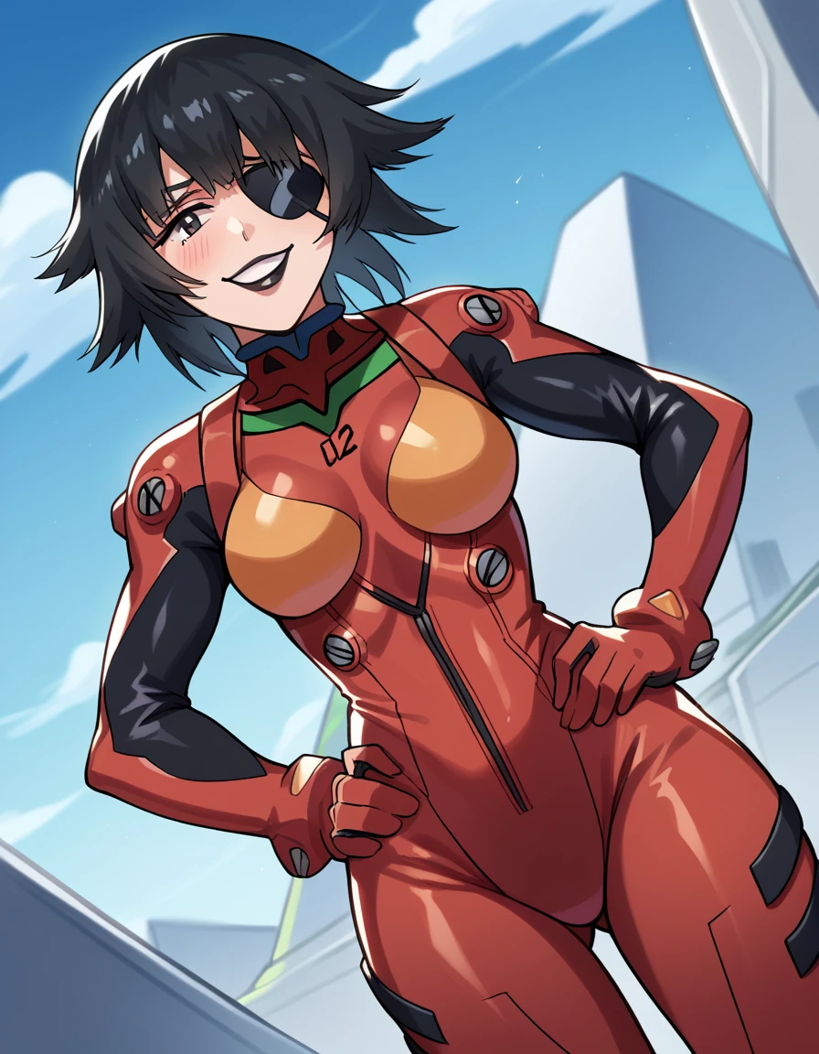 1girl, pan gt, short hair, black hair, (black eyes:1.5),mecha musume, bodysuit, empty eyes, expressionless 