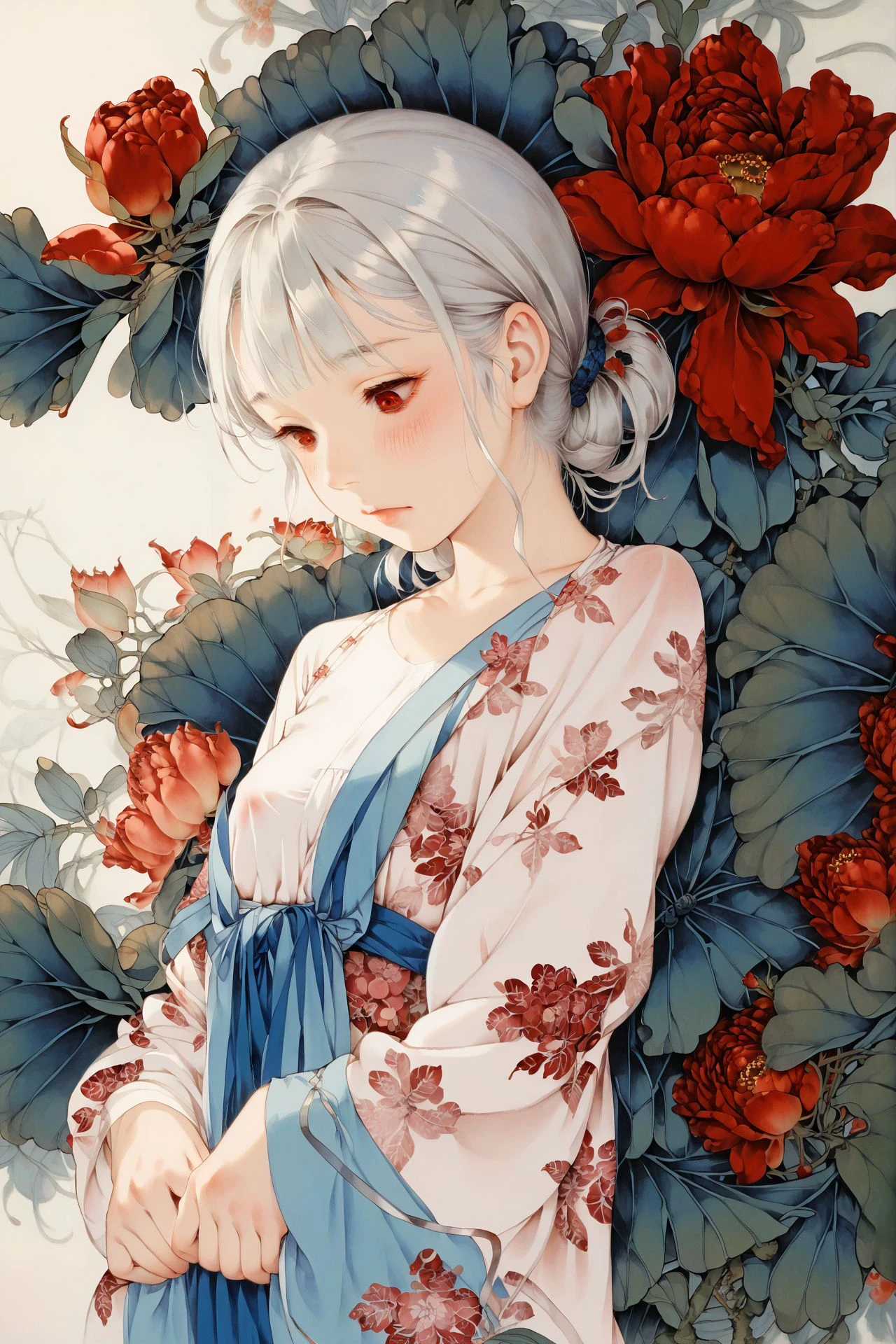 score_7_up, 1girl, solo, blush, looking down, red eyes, bangs, silver hair, small breasts, floral_background,  <lora:gongbi_PonyXL_style_v01.10.10.02:1>