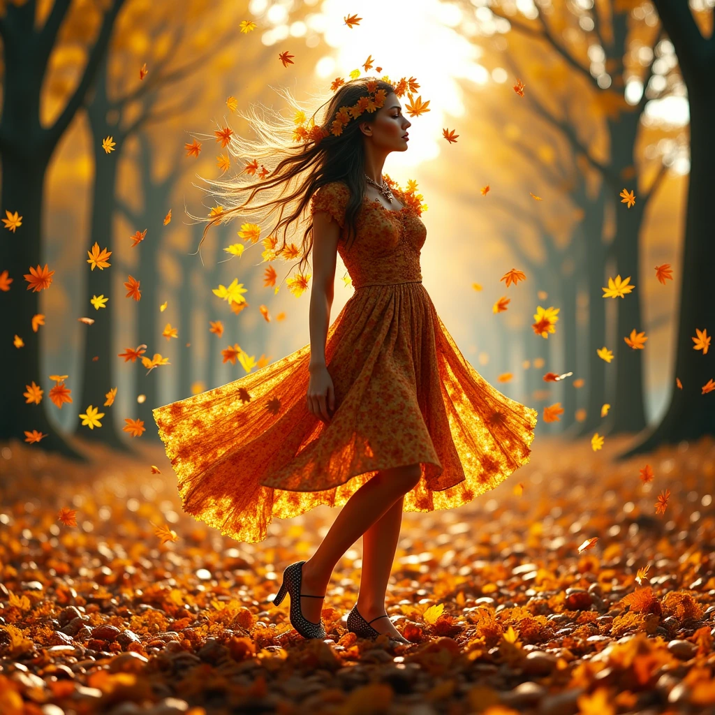 A surreal cinematic masterpiece! A 35mm lens captures the essence of golden hour, double exposure combining the leaves on the ground with the form of a young woman with colors: orange, brown, grey and yellow, on the ground forming the alluring image of hers, the wind blows and a few leaves move as if the woman figurine was dancing on the ground, ultra detailed, ultra realistic, 8k