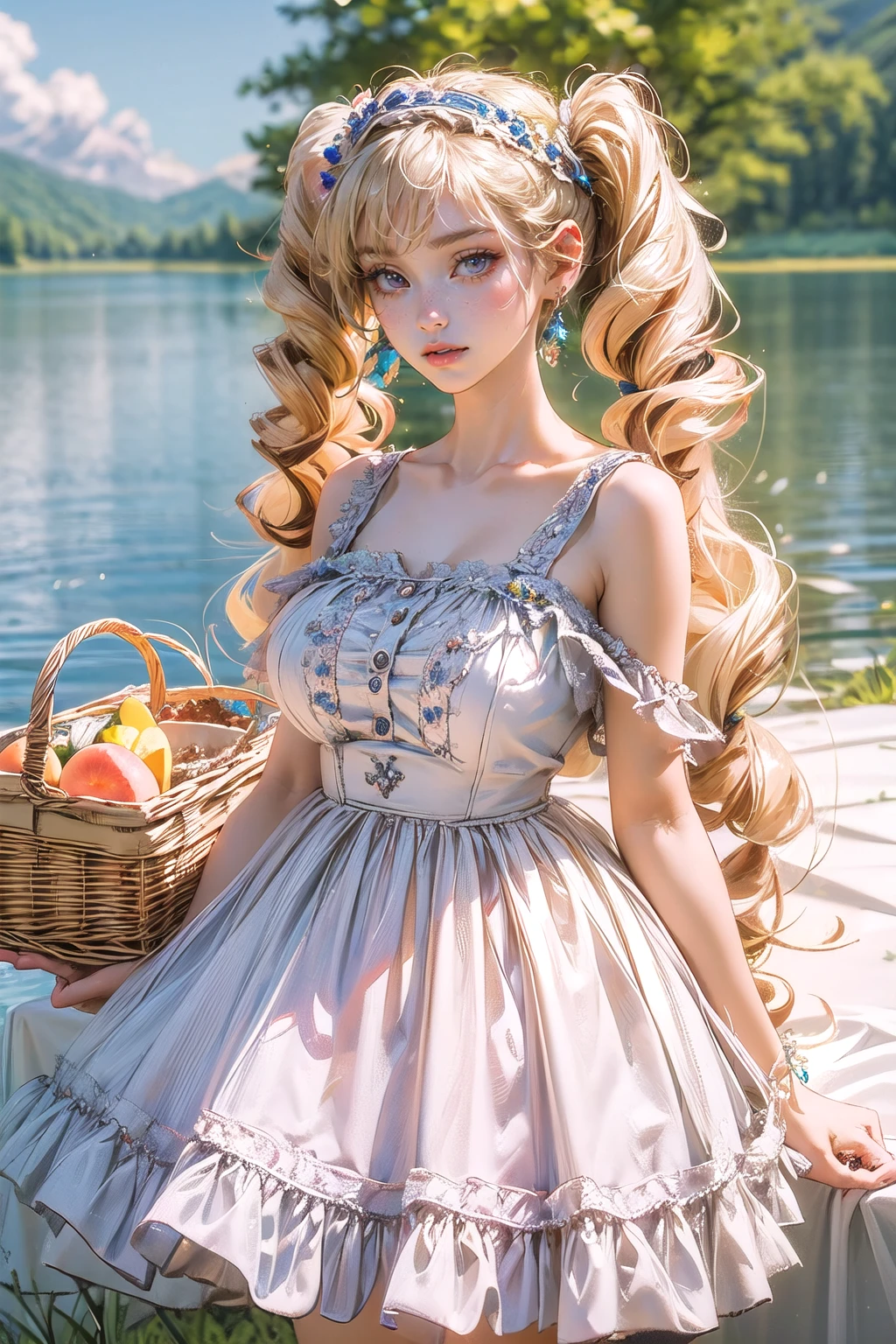 (masterpiece, best quality:1.2),illustration,8k,hd,1 girl,blonde hair,very long hair,solo,(collarbone:1.2),looking at viewer,twintails,
picnic,white dress,jewelry,earrings,hairband,frills,big breasts,outdoors,(day, lake:1.5),extremely detailed dress,crystalstexture skin,front view,