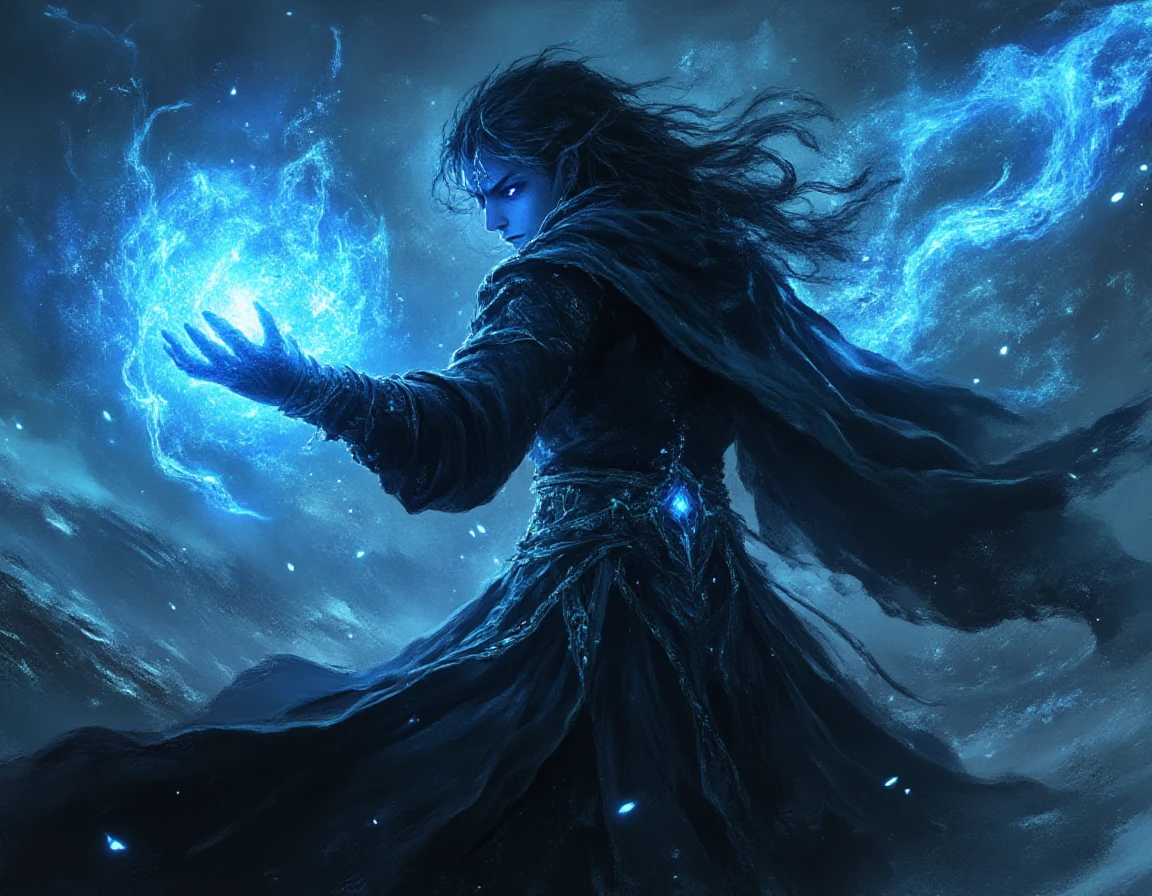 This is a fantasy painting of a wizard with black hair with glowing blue eyes. he is wearing black robes and is casting powerful magic
 fantstyle <lora:Fantasy_DnD_Illustration_Style:1>