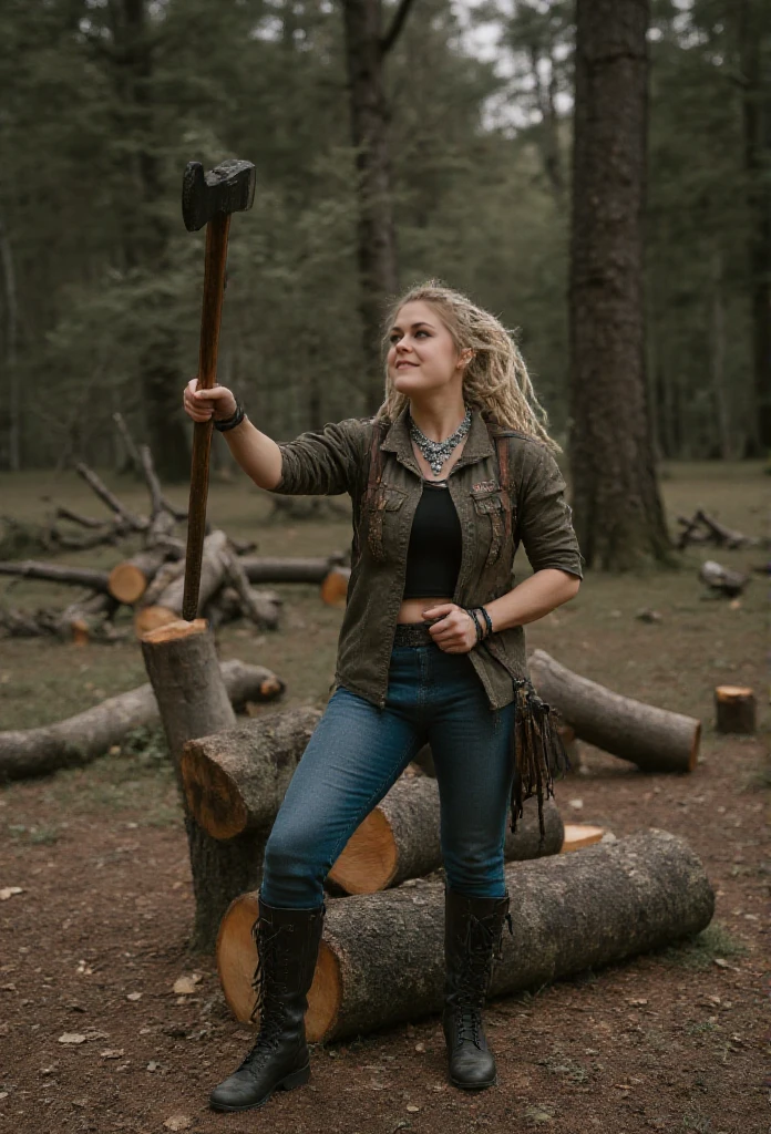 Mieze Musch-Musch is a woman choping wood in the forest. She wears a lumber jacket and jeans and boots. She hold an axe  <lora:Mieze_Musch-Musch:0.9>