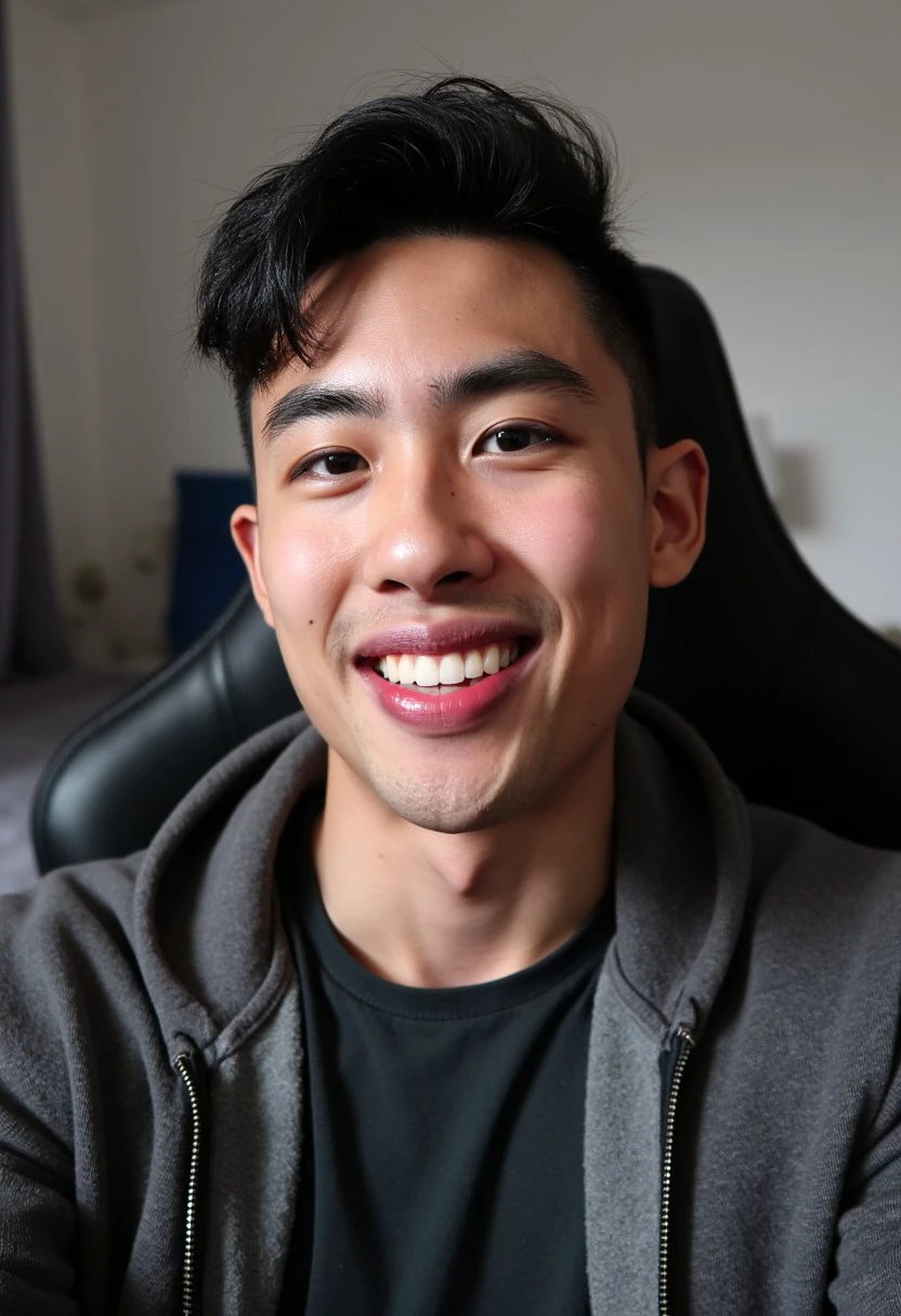 (chengman, 20 yo male, slim athletic), wearing casual clothes, sitting in a gamer chair, looking at viewer, genuine smile, teeth, background of a student bedroom, natural light, close up view