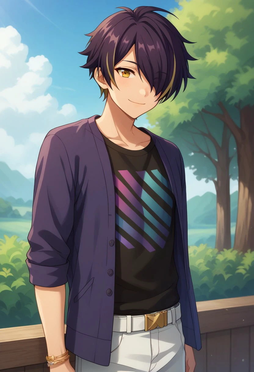 score_9, score_8_up, score_7_up, source_anime, highly detailed, 
shinobu, 1boy, male focus, solo, streaked hair, multicolored hair, purple hair, black hair, blonde hair, hair over one eye, yellow eyes, shirt, black shirt, print shirt, jacket, purple jacket, open jacket, open clothes, belt, pants, white pants, jewelry, bracelet, upper body, smile,
outdoor, sky, cloud, tree