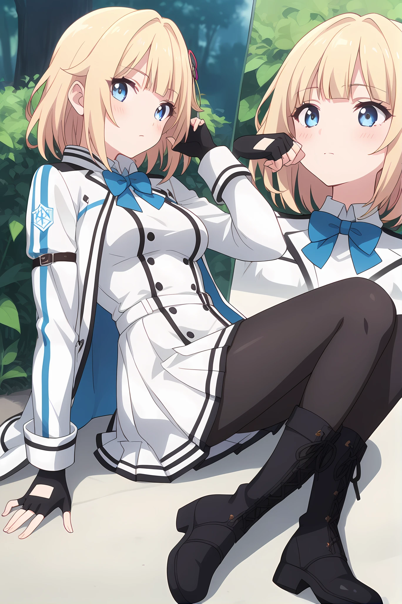 (white jacket white skirt black pantyhose fingerless gloves black boots:1.20), gg-pearl, blonde hair, blue eyes, medium hair, hair ornament, medium breasts, 1girl, solo, skinny, score_9, score_8_up, score_8, score_7_up, score_7, score_6_up, score_6, score_5_up, score_5, source_anime, blush, outdoors, (1.3::full body|0.2::sitting|0.4::standing|0.2::lying|straight-on|0.5::close-up|0.1::silent comic|0.1::multiple views:1.20), , <lora:gg-pearl-V01-000003:0.60>