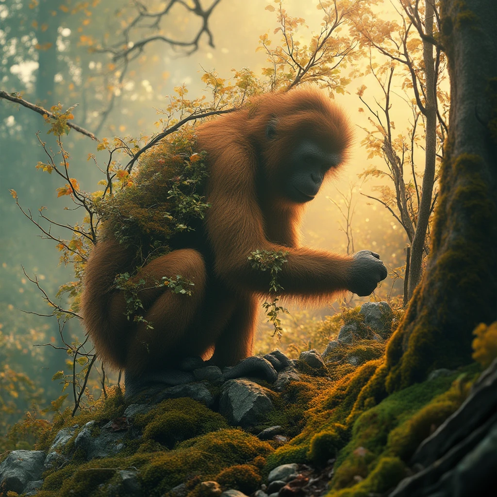 In this mesmerizing scene, a 35mm lens frames the mystical convergence of reality and fantasy as golden hour's warm hues softly illuminate the cinematic tableau. A double-exposed image weaves together organic textures: gnarled branches, weathered rocks, and lush moss, morphing into the imposing figure of a monkey. Ultra-detailed and realistic, the 8K resolution renders each strand of fur, every leafy tendril, and each rock's intricate pattern with uncanny precision, transporting viewers to a dreamlike realm where the laws of physics are but a distant memory.