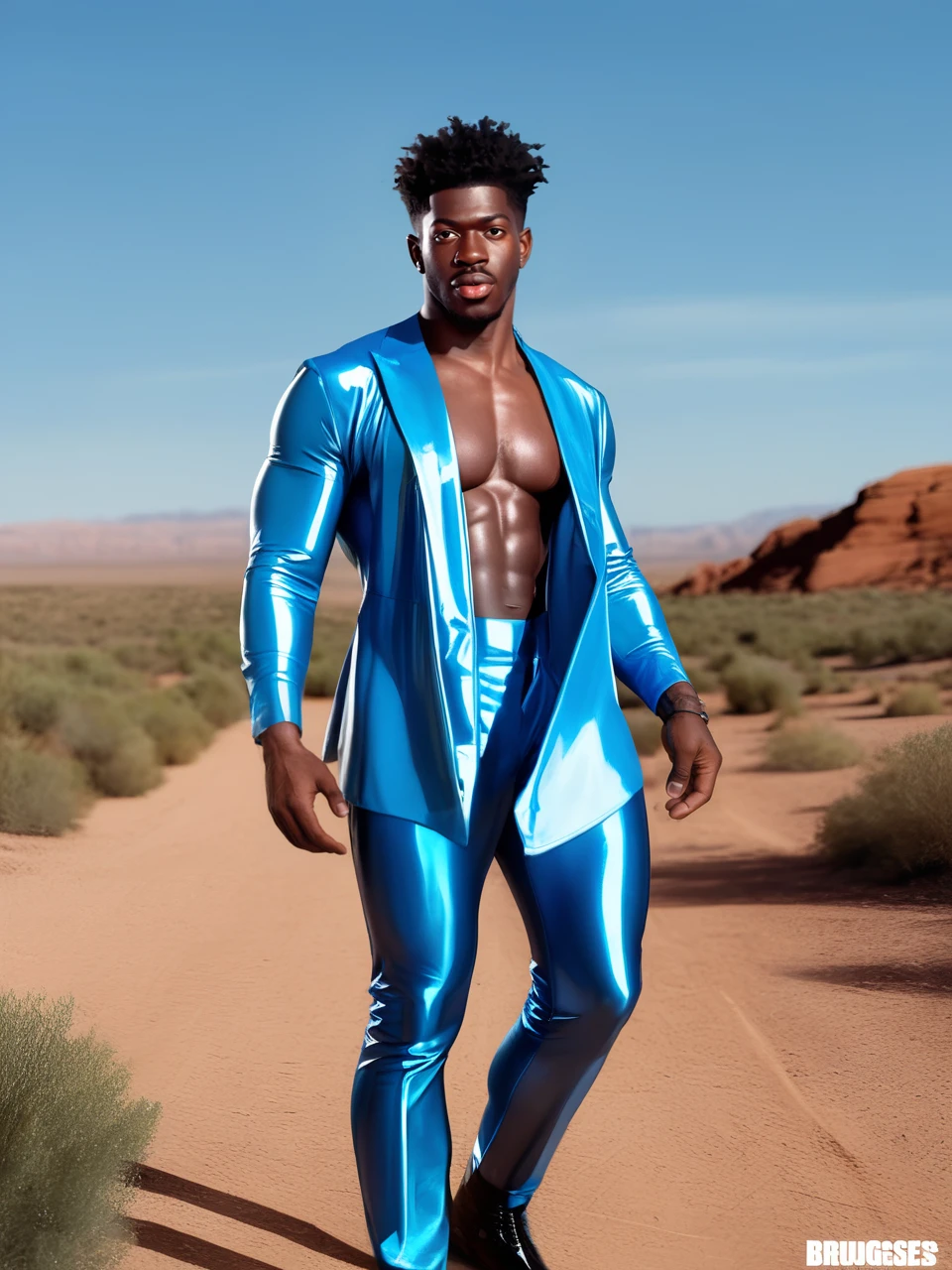 score_9, score_8_up, score_7_up, source_realistic, rating_questionable,  ultra detailed, 
 ,   
1boy, solo, documentary style, high budget , highly realistic medium full shot photo of lilnasx wearing a blue latex  open clothes with no shirt in a music studio sound stage ,(muscular:0.8),  high resolution, 8K resolution, epic photo quality:, 4K quality, epic detailed, 35mm film, sharp focus, high budget, <lora:lilnasx_PDXL_v1:1>