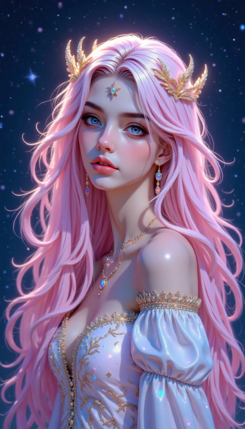 pinketherealmj,A mystical girl with skin as pale as moonlight, wearing a sparkling eyeshadow look that shimmers like stardust in the night sky, surrounded by a halo of glittery light