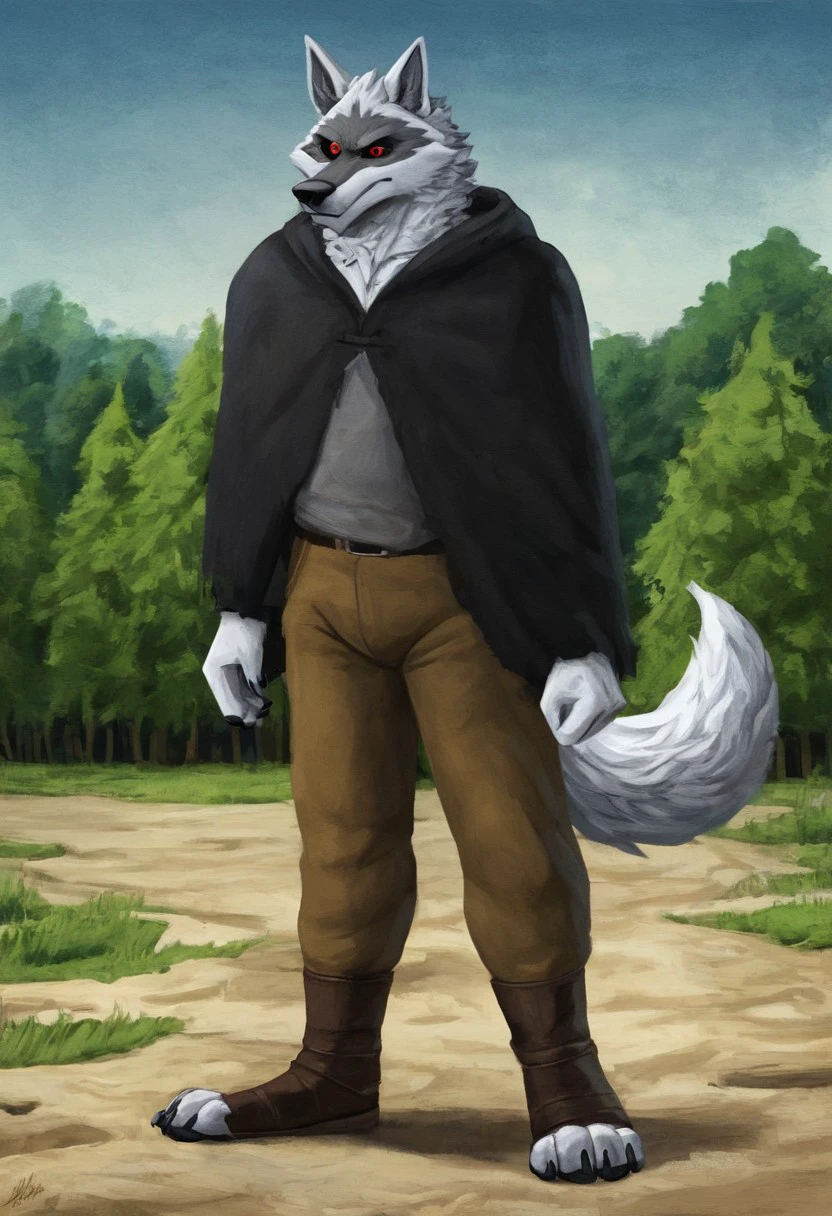 Death[PIB], wolf, animal ears, animal tail, k9 tail, wolf tail, red eyes, black sclera, silver body, silver fur, grey facial marking, k9 nose, (Male Anthro Wolf:1.5)
Solo, alone, by himself, 1boy, male.
Clothing, clothed, black poncho, brown pants, sickles
thin, bara body, buff body, twink, (buff body), (silver body:1.1),
1dk, portrait.
HD, digital painting, digital art, masterpiece.
standing, standing up, standing on feet, standing on sand.
closed mouth, angry emotion, angry face.
HD, digital painting, digital art, masterpiece.  Headshot, head focus, close to face, closeup.  
Happy emotion, happy.   
outside, forest, trees, woods, grassy floor, grassy, (outside:1.4)  
HD, digital painting, digital art, masterpiece ((headshot)), digital drawing (artwork), digital media (artwork), hi res. TrickTrashing[STYLE], Art by TrickTrashing[STYLE], furry, furry art, Cartoony, Cartoon like, cutesy style,