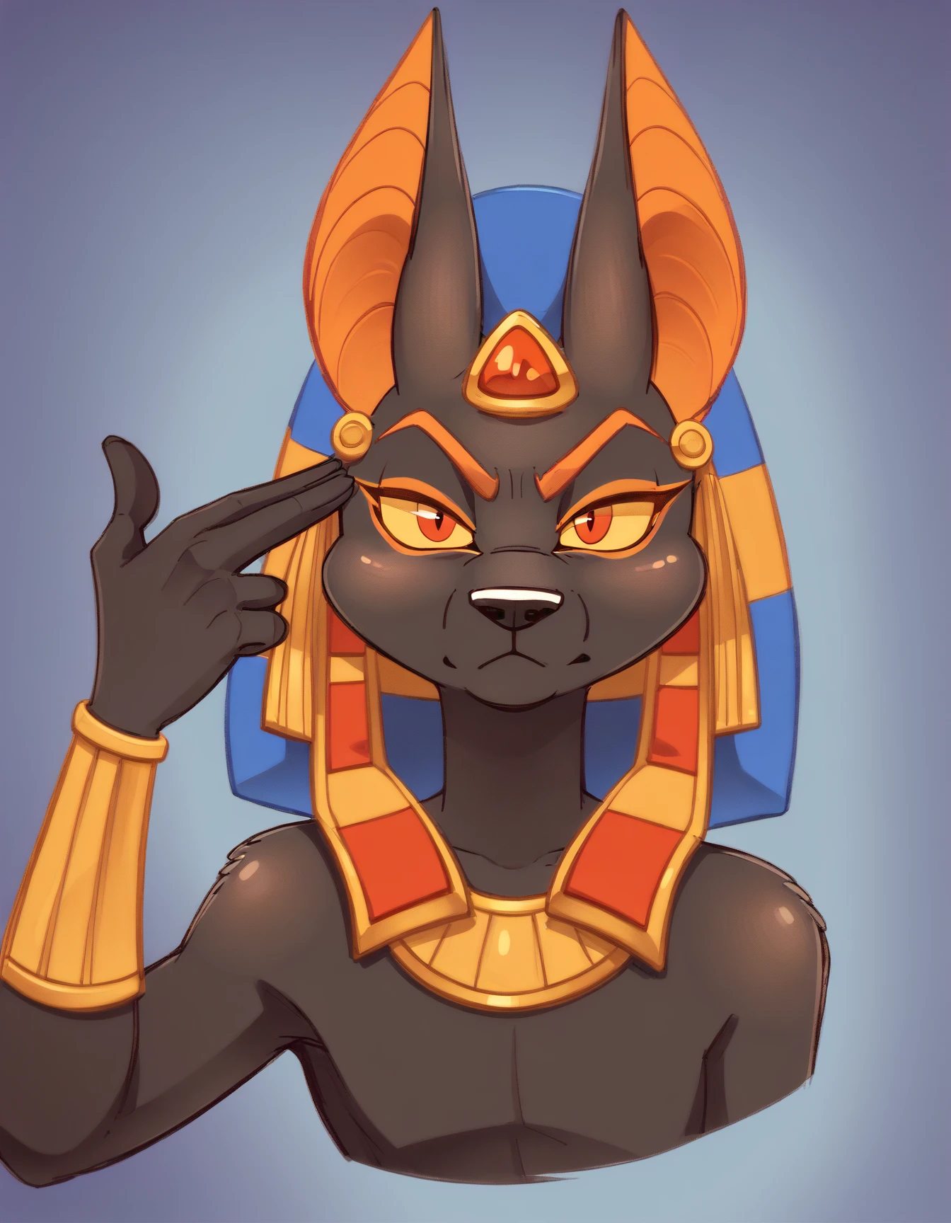 score_9, score_8_up, score_7_up, score_6_up, score_5_up, score_4_up
Anubis, brown fur, yellow sclera, red eyes, orange eyebrows, finger gun to head, serious
<lora:Anubis_XL:0.9>
 <lora:FingergunToHead_XLPD:1>