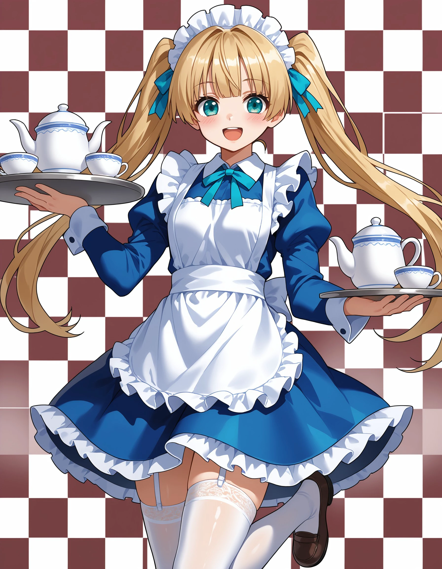 (masterpiece), best quality, expressive eyes, perfect face,chungs, long hair, blush, smile, open mouth, blue eyes,  blonde hair,  thighhighs, long sleeves, dress, holding, twintails, standing, :d, frills, shoes, puffy sleeves, apron, aqua eyes, cup, zettai ryouiki, maid, maid headdress, garter straps, leg up, standing on one leg, white apron, maid apron, tray, teacup, frilled apron, teapot, holding tray, checkered background, <lora:0d91c3ed-7ac8-4456-92cb-8f528783116d:0.7>