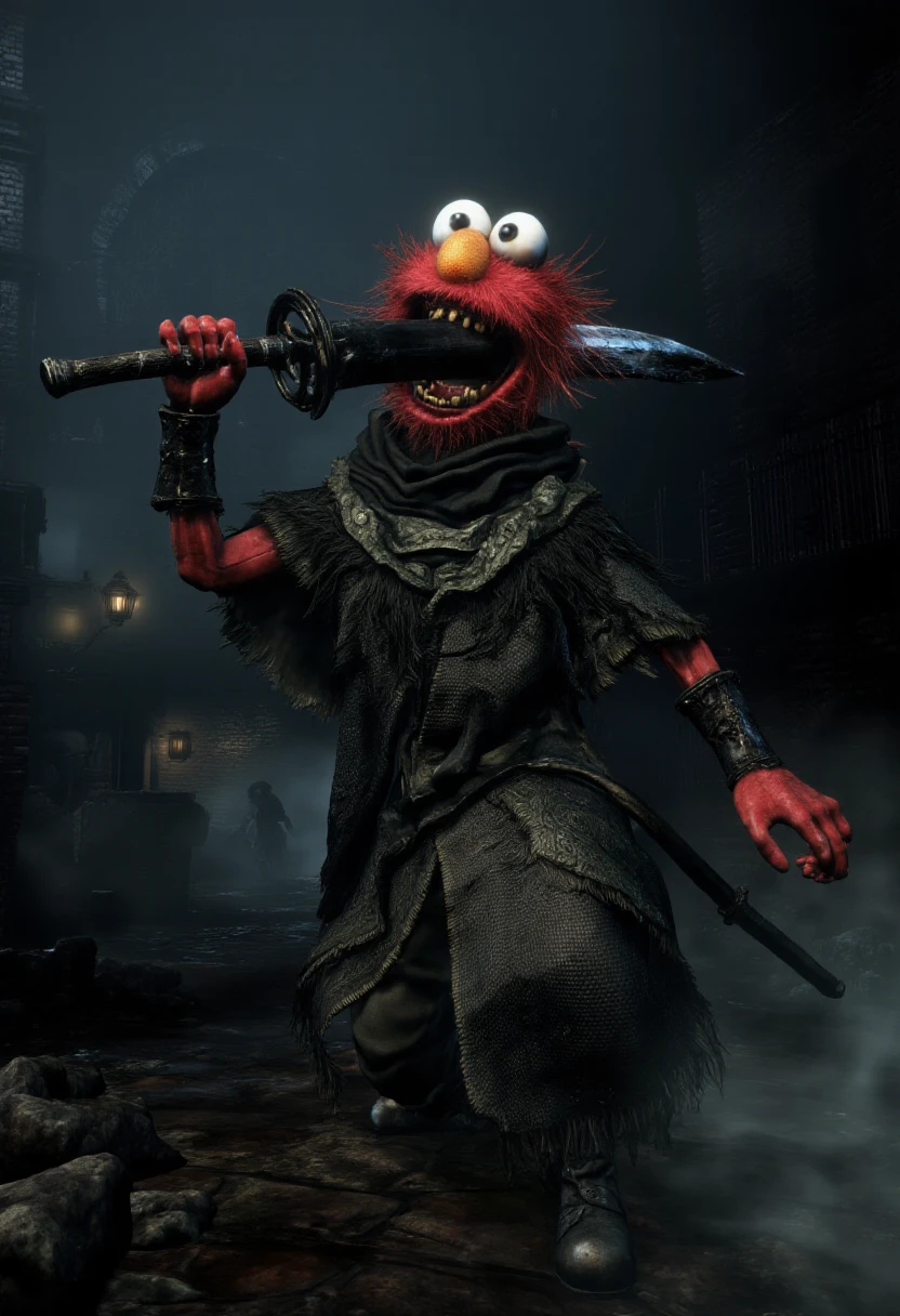 <lora:Bloodborne_Style_FLUX:1.2> bbstyle, horror theme,  Evil Elmo dressed as a samurai, with sword in hand