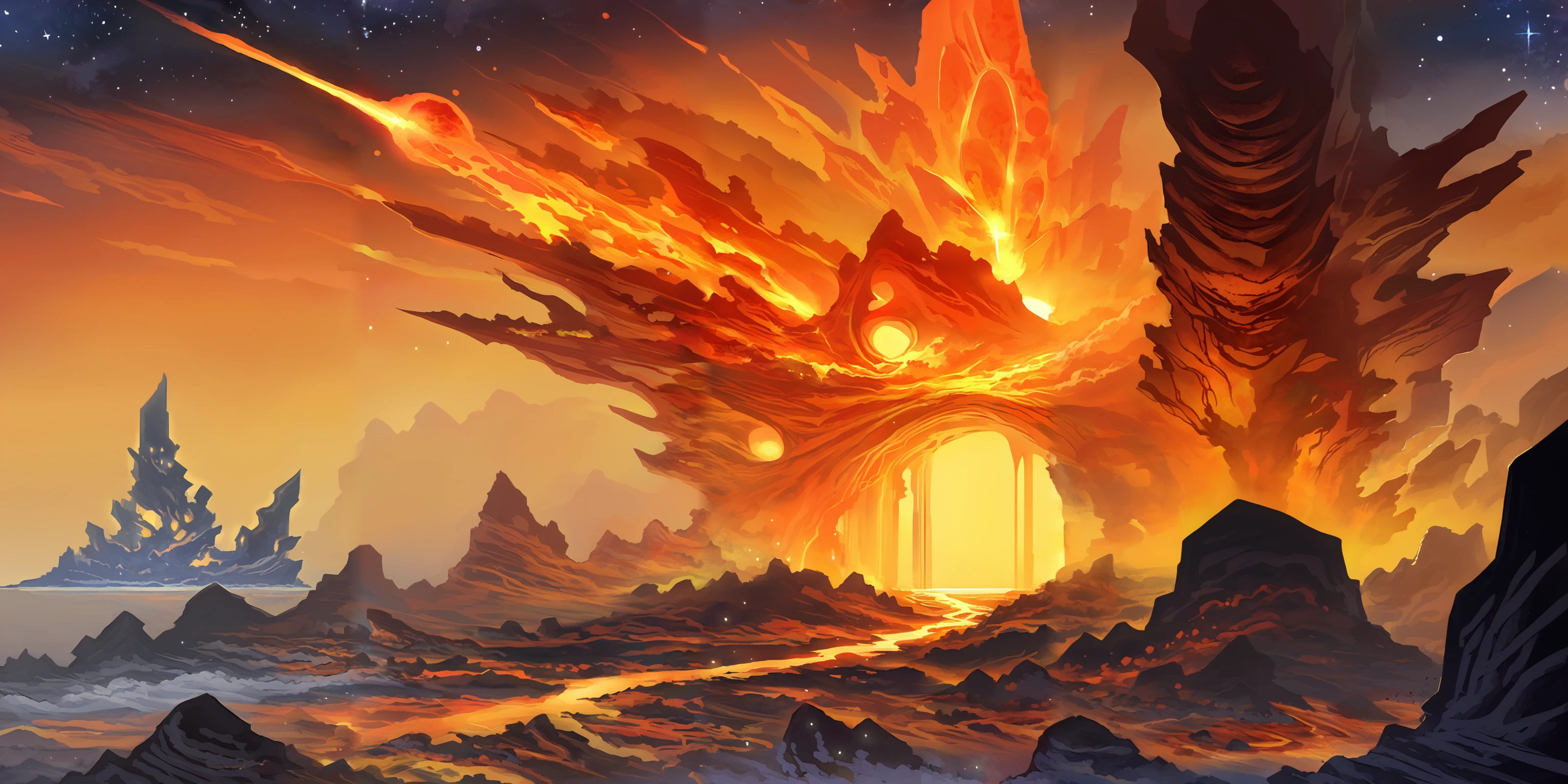 A surreal landscape where a vibrant sunset sky fades into a starry night, blending seamlessly with the reflection of an ocean that transitions from crystal-clear water into a deep abyss. Jagged icebergs contrast with molten lava flows, all connected by ethereal mist and glowing embers that float through the scene. The horizon blurs where the sky meets the ocean, with soft light transitioning into darkness, sunset_sky, starry_night, ocean_reflection, crystal_water, deep_abyss, icebergs, molten_lava, ethereal_mist, glowing_embers, contrast, blend, (blending:1.4), (contrast:1.3), (surreal:1.2)(top_down_view:1.4), (scale:1.2), (depth:1.2)<lora:add-detail-xl:1>   <lora:Test:0.8> <lora:detailed_notrigger:1> <lora:Feng_Zhu_Style:1.5>