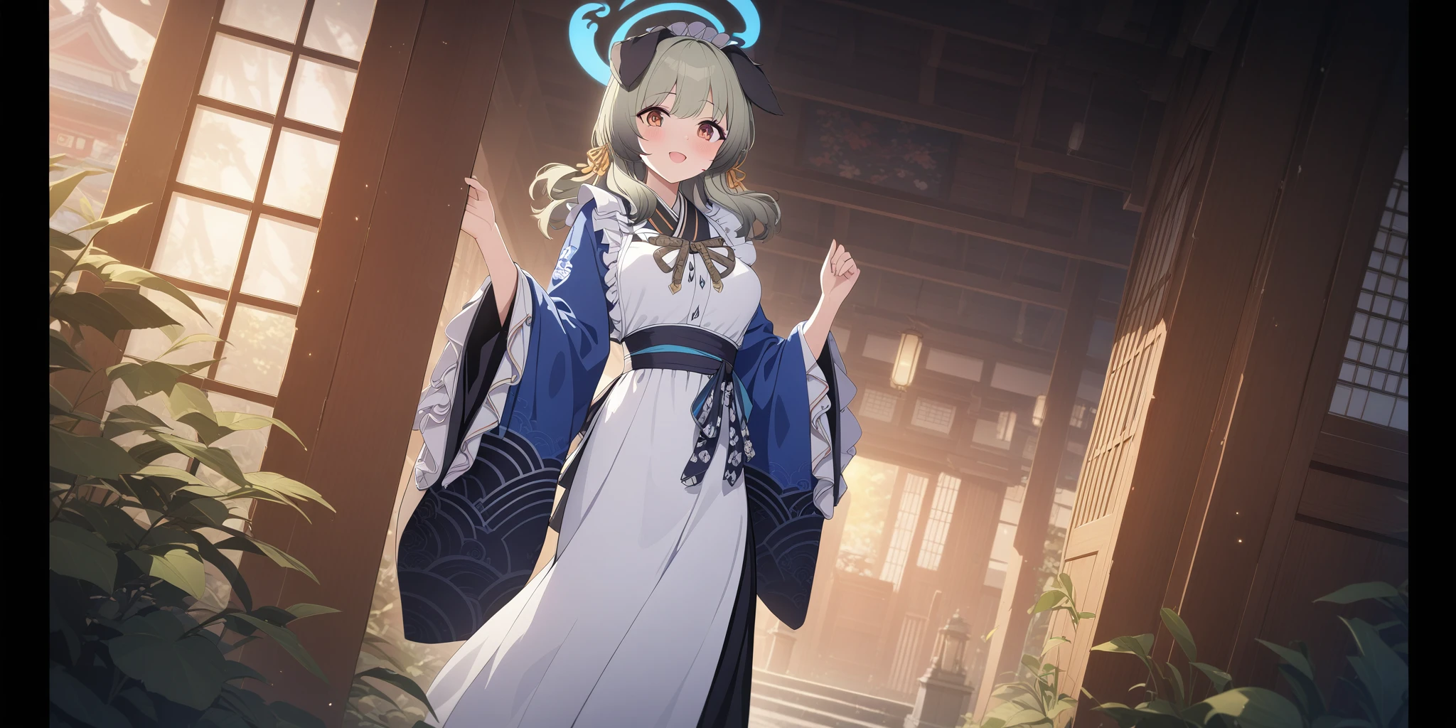 <lora:Umika_fix_edge:1> umika_blue_archive, 1girl, animal ears, solo, umika_outfit, halo, wa maid, japanese clothes,  blush, breasts, apron, long hair , standing ,full body , japan temple background ,  orange eyes , plant, cute , masterpiece, best quality, 1girl, solo, cinematic, soft lighting, shine skin , light skin , 8k, ,best quality ,masterpiece, illustration, an extremely delicate and beautiful, extremely detailed ,CG ,unity ,8k wallpaper, Amazing, finely detail, masterpiece,best quality,official art,extremely detailed CG unity 8k wallpaper,absurdres, incredibly absurdres, huge filesize , ultra-detailed, highres, extremely detailed,beautiful detailed girl, extremely detailed eyes and face, beautiful detailed eyes,light on face,1girl