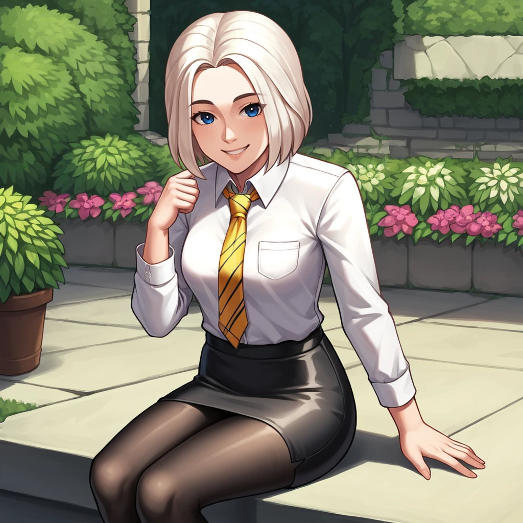 score_9, score_8_up, score_7_up, source_anime, BREAK
garden, outdoors, flower, plant,
<lora:ChiaraLoboscaXL:0.82>, chiaralobosca, 1girl, solo, looking at viewer, smile, collared shirt, white shirt, yellow necktie, striped necktie, black skirt, black pantyhose, thighs, cowboy shot, necktie, medium breasts, sitting,