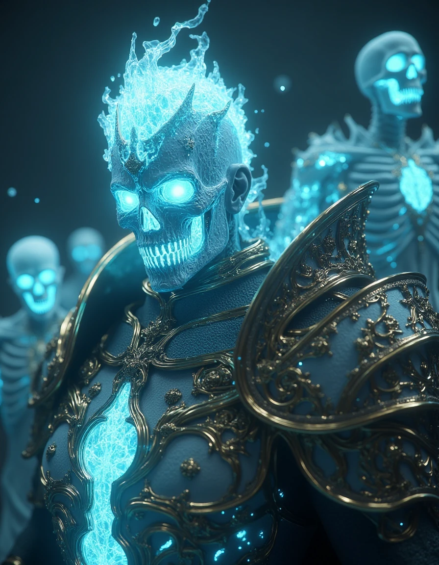 A close-up of an icy and ghostly skeleton king wearing intricate golden armor, with glowing eyes surrounded by translucent skeletons floating in the dark ocean. Rendered in the style of Unreal Engine, with a cinematic, hyper-realistic style. <lora:LivingDeathFlux-000001:1>