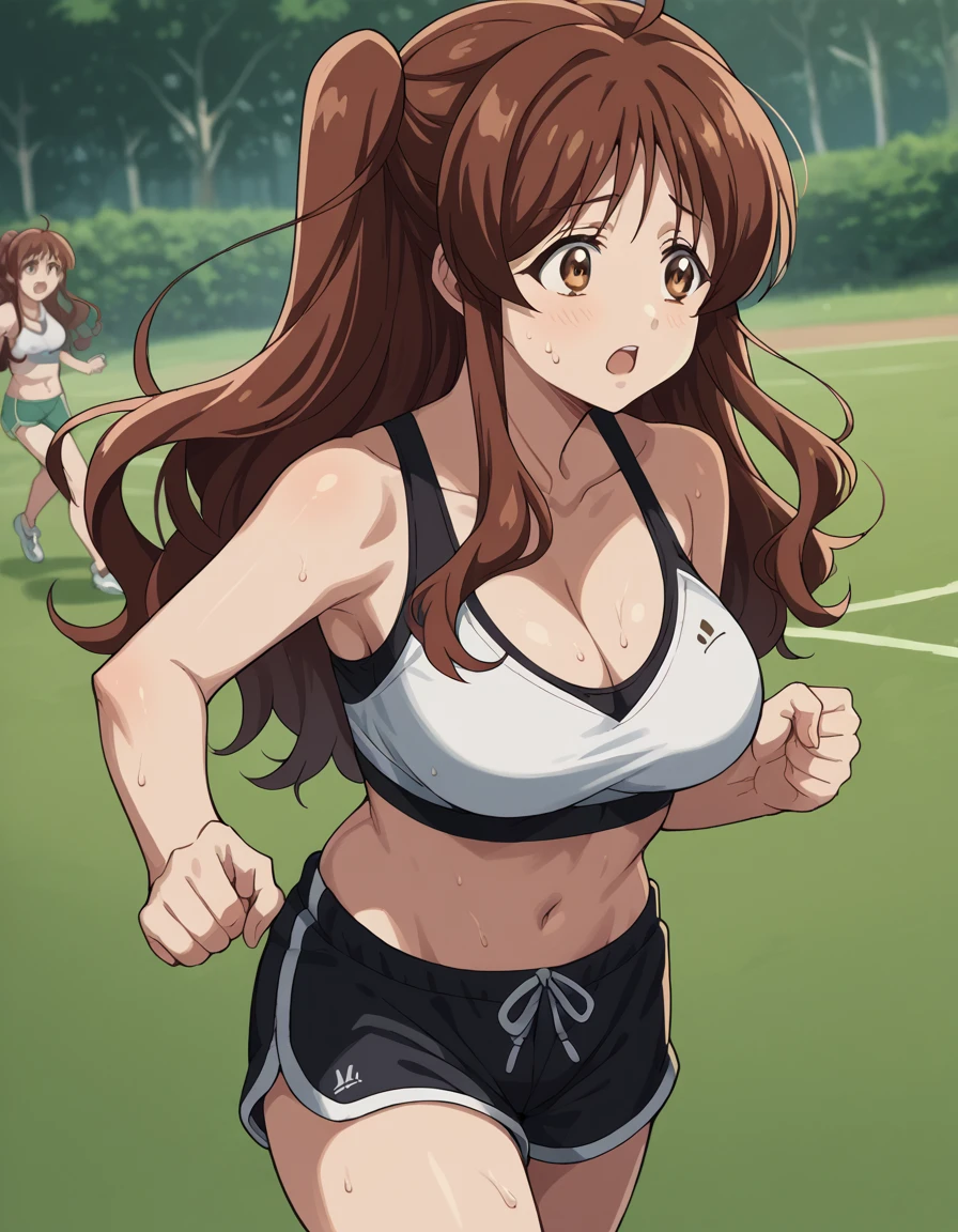 score_9, score_8_up, score_7_up, source_anime, <lora:kobato-kashima-s1-ponyxl-lora-nochekaiser:1>, kobato kashima, long hair, large breasts, brown hair, brown eyes, ahoge, sidelocks, two side up,, <lora:dolphin-shorts-ponyxl-lora-nochekaiser:1>, dolphin shorts, shorts,, outdoors, running, sweat, open mouth, sports bra, cleavage, navel, midriff, ponytail,, , cowboy shot, dutch angle