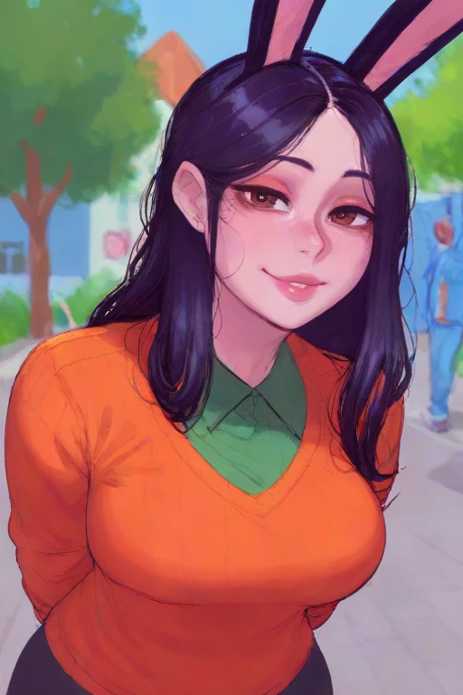 score_9,score_8_up,<lora:Turbo_XL:1>,
<lora:Hana_Bunny-03:1>,solo,hana_bunny,asian woman,brown eyes,makeup,eyeshadow,lips,black hair,long hair,light smile,pale skin,
upper body,outdoors,sweater over shirt,collared shirt,green shirt,POV,v-neck sweater,orange sweater,pose,arms behind back,tilted head on the side,leaning forward,rabbit ears,
<lora:krekkov:1>,krekkov,