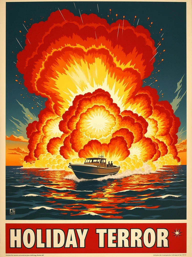 Travel Poster. Print  "Holiday Terror". Explosion.

vntgtrvlpstrCE style