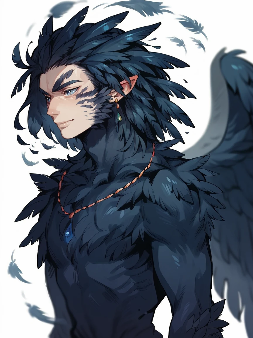 score_9, score_8_up, score_7_up, score_6_up, score_5_up,   <lora:HowlXLP:1> howl, solo, 1boy, blue eyes, black hair, jewelry, white background, feathers, monster boy, wings