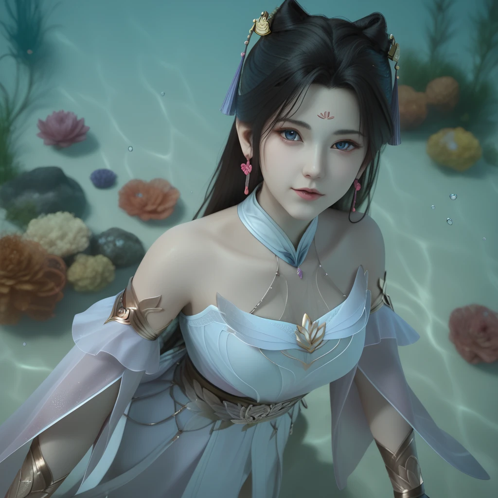 score_9,score_8,score_7_up,mengkeer,looking at viewer,<lora:ponymengkeer15v:1>,light pink chinese clothes,underwater,collar,off-the-shoulder sleeves,gold arm bands,gold belt that features a stylized lotus flower,gold wrist support,