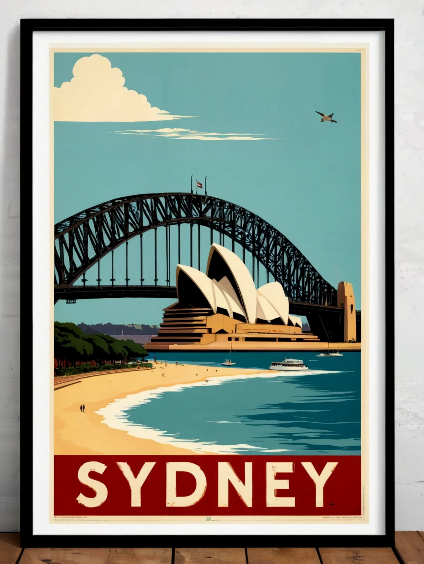 Travel poster. "Sydney".

Opera house. Sydney harbour bridge.

<lora:VintageTravelPoster01a_CE_SDXL_64x32x120x2bOT:0.4>
vntgtrvlpstrCE style