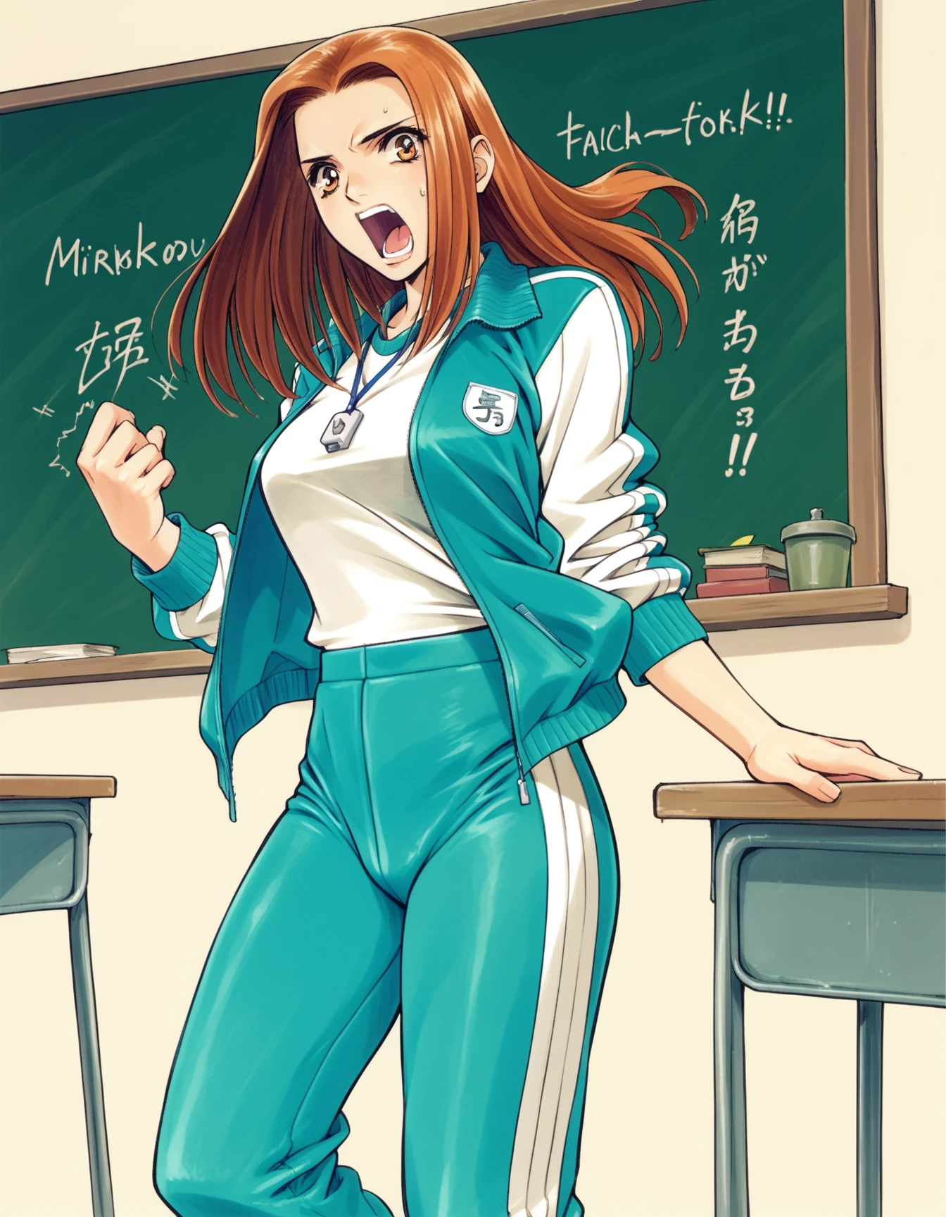 score_9,  score_8_up, score_7_up, <lora:peridot-voice-ponyxl-000022:0.8> minako, track jacket, open jacket, white shirt, track pants,
1girl, solo, whistle around neck, classroom, teacher, chalkboard, podium, shouting