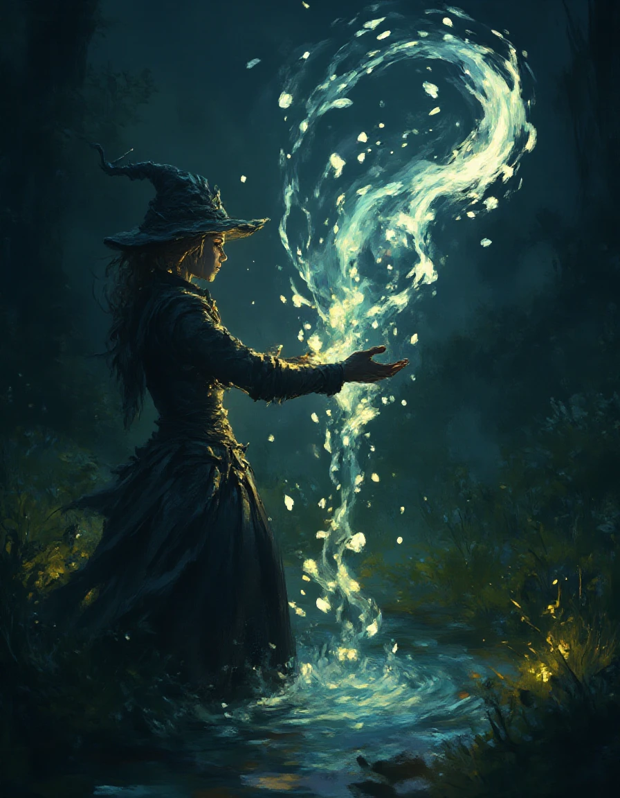 <lora:Flashfiring_Mage_Craft_r1:1> A water witch casting magic under the light of the moon, she is using water elemental magic,