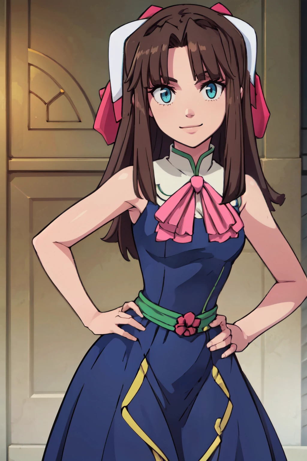 ((masterpiece,best quality)), absurdres,  BREAK, , <lora:Maria_Nanadan_Tenchi:0.8>,  maria, brown hair, pink bow, (blue dress),  , BREAK, hip to the side, hand on hip, contrapposto,, BREAK, solo, smile, looking at viewer, cowboy shot,