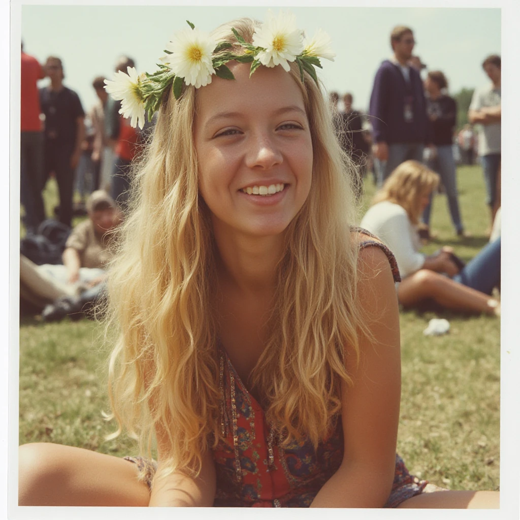 A polaroid photo of creemtsma, a young woman. She has long blonde hair. She is smiling. She is wearing a crown of white flowers. She is also wearing hippie clothes from the 1960s. She is sitting on the ground at Woodstock. The sun is shining.