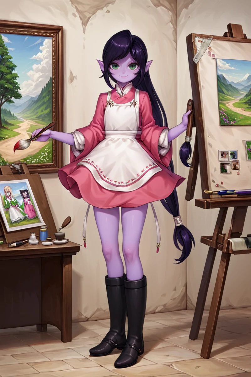score_9_up, score_8_up, abigaillora, solo, elf, purple skin, black hair, green eyes, eyelashes, smile, standing, full body, clothing, looking at viewer, holding object, dress, aprin, black boots, museum, detailed background, painting <lora:Abigail_2:1>, paintbrush