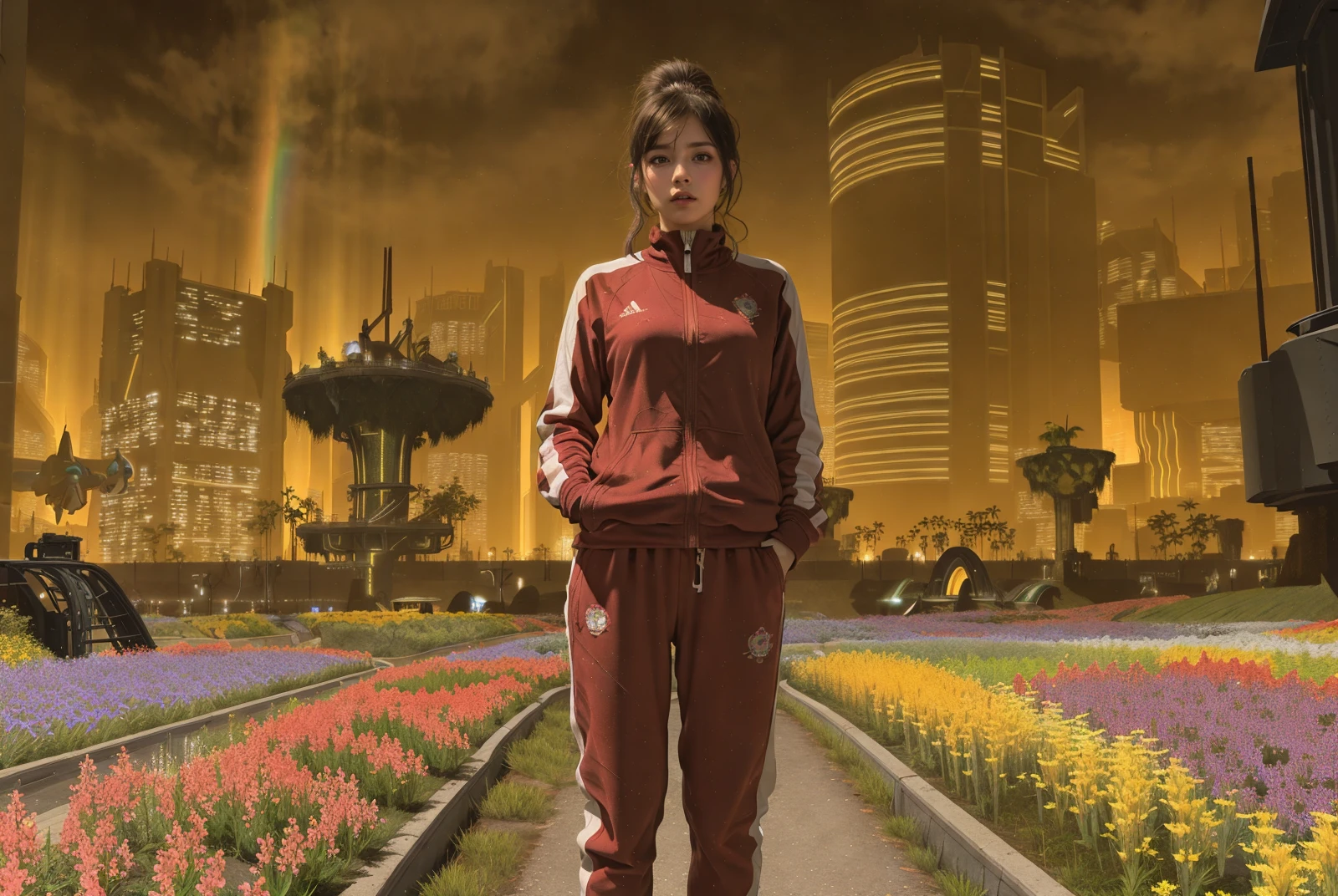 1girl, women, (she is wearing tracksuit:1.3), Overhead camera, sharp focus, handsome, plump legs, skinny, professional lighting, rendered eyes, tall body, adult woman, hair ornament, instagram most viewed, official wallpaper, official art, (japanese idol), building, ((photorealistic painting art by midjourney and greg rutkowski)), BREAK (bangs, medium wavy hair, brown hair, standing), (LivingMemory, landscape, flower field, aircraft, fantasy, grass, rainbow, outdoor:1.3), <lora:LivingMemory:0.8>,