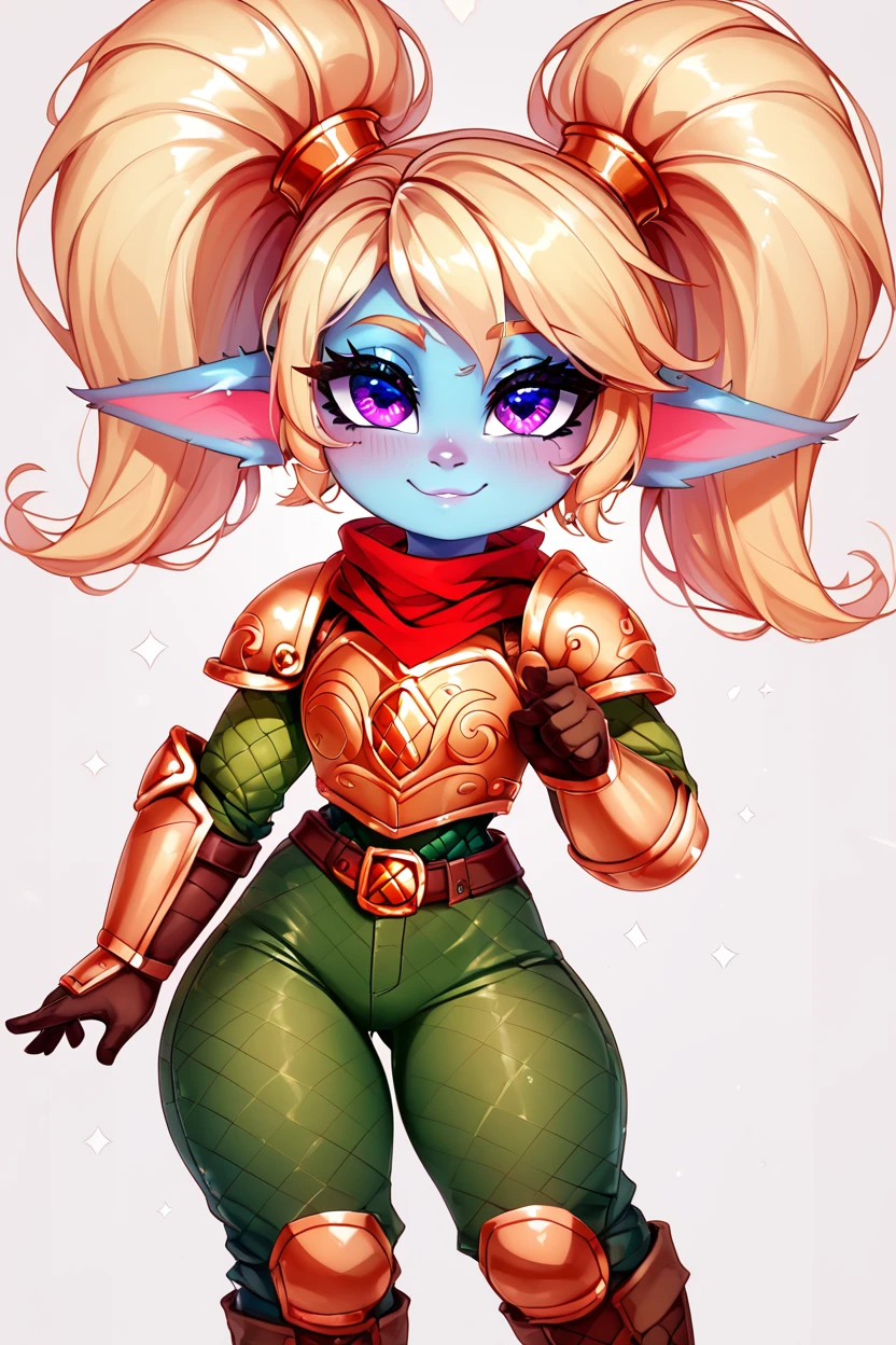 score_9, score_8_up, score_8, medium breasts, (curvy), cute, eyelashes,       BREAK, , zzPoppy, purple eyes, blonde hair, twintails, blue skin, golden armor, red scarf, green snakeskin shirt, green snakeskin pants, brown boots, <lora:Poppy_PDXL_v1:0.8>, , BREAK, smile, closed mouth, looking at viewer, cowboy shot, ,,, embedding:zPDXL, Expressiveh, ,,, <lora:Puppypaww_Style_PDXL_v2:0.8>, <lora:SDXLFaeTastic2400:0.5>, <lora:Expressive_H-000001:0.4>,