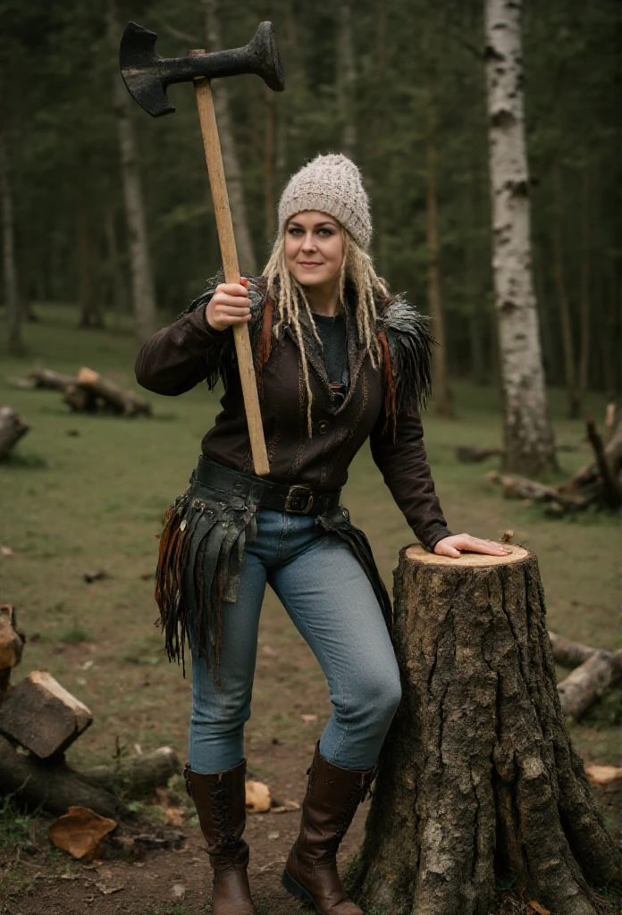 Mieze Musch-Musch is a woman choping wood in the forest. She wears a lumber jacket and jeans and boots. She hold an axe  <lora:Mieze_Musch-Musch:0.9>