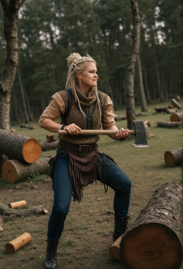 Mieze Musch-Musch is a woman choping wood in the forest. She wears a lumber jacket and jeans and boots. She hold an axe  <lora:Mieze_Musch-Musch:0.9>