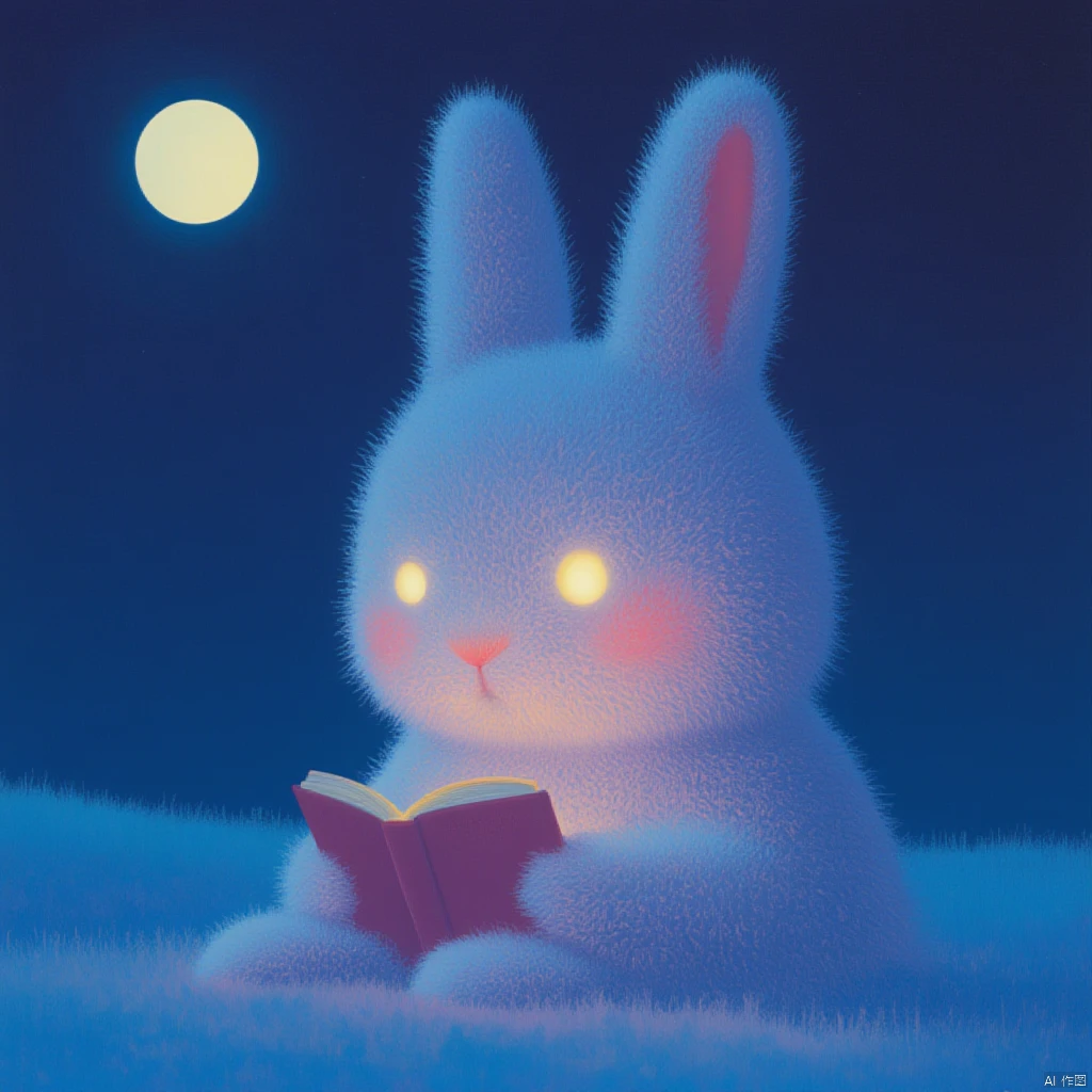 A little rabbit with glowing eyes reading under the moonlight is incredibly mysterious, soft and cute, fluffy, dreamy_fantasy.