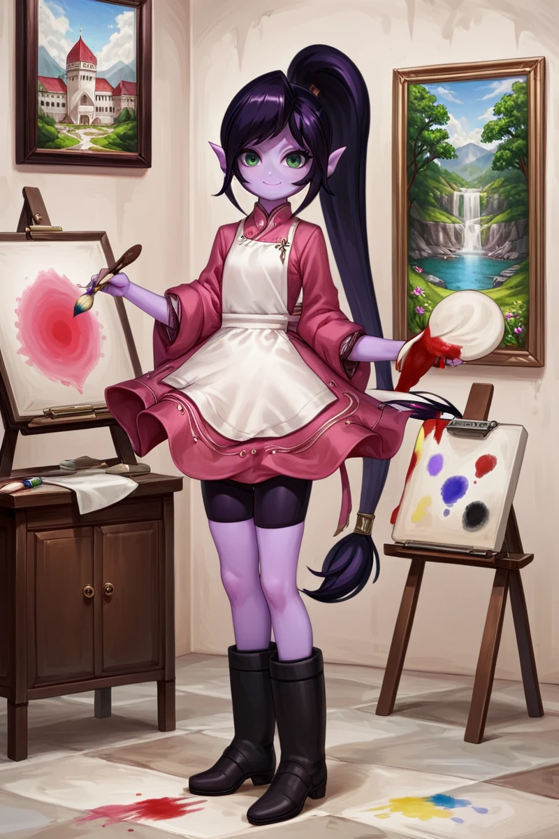 score_9_up, score_8_up, abigaillora, solo, elf, purple skin, black hair, green eyes, eyelashes, smile, standing, full body, clothing, looking at viewer, holding object, dress, aprin, black boots, museum, detailed background, painting <lora:Abigail_2:1>, paintbrush