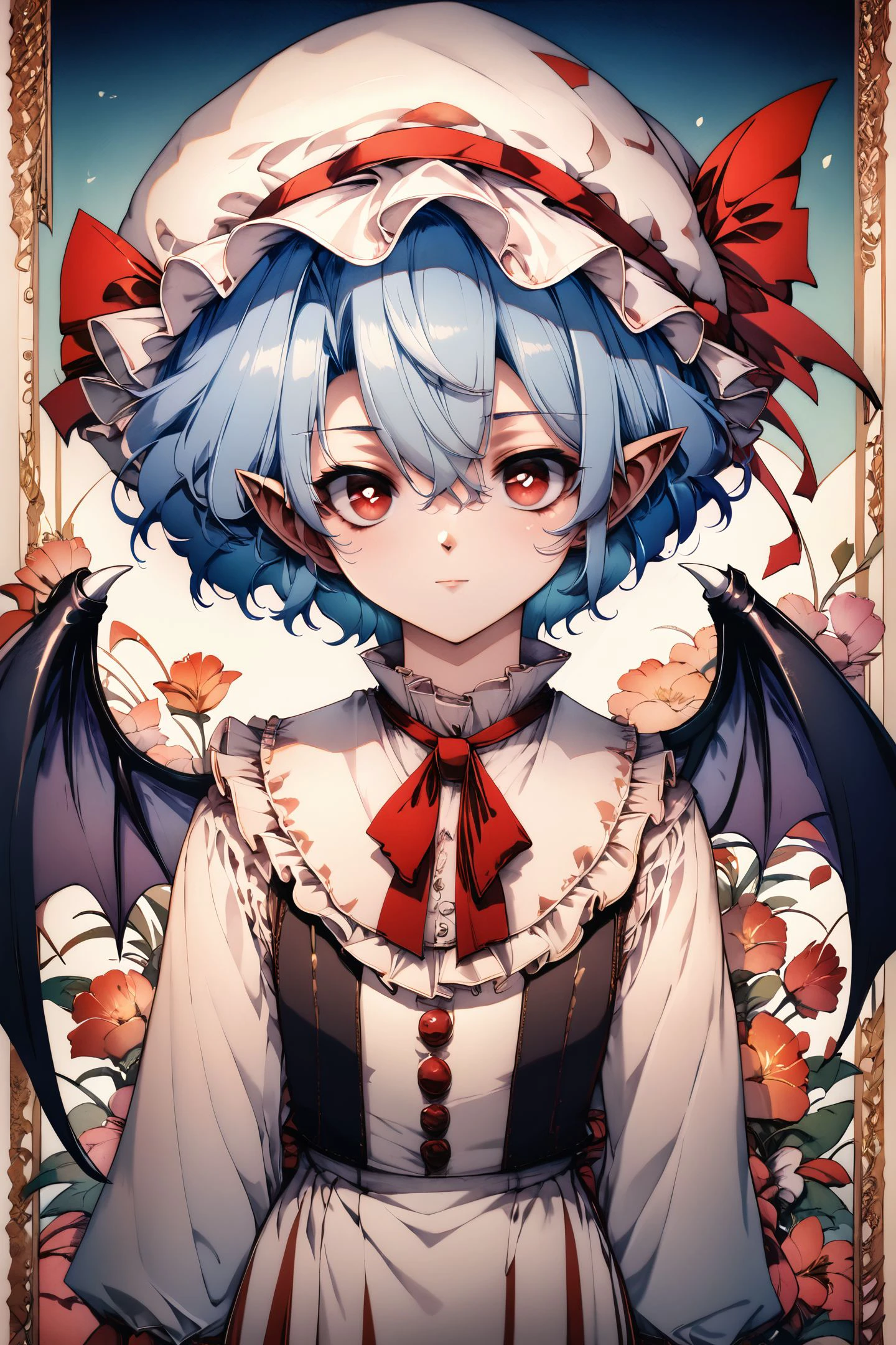 score_9,score_8_up,score_7_up,masterpiece,best quality,
1girl,solo,remilia scarlet,blue hair,hat,wings,bat wings,looking at viewer,pointy ears,upper body,long sleeves,short hair,red ribbon,white headwear,mob cap,red eyes,flower,hair between eyes,bright pupils,closed mouth,ribbon,white pupils,
<lora:Old Fashioned Celluloid_XL_PONY:1>,