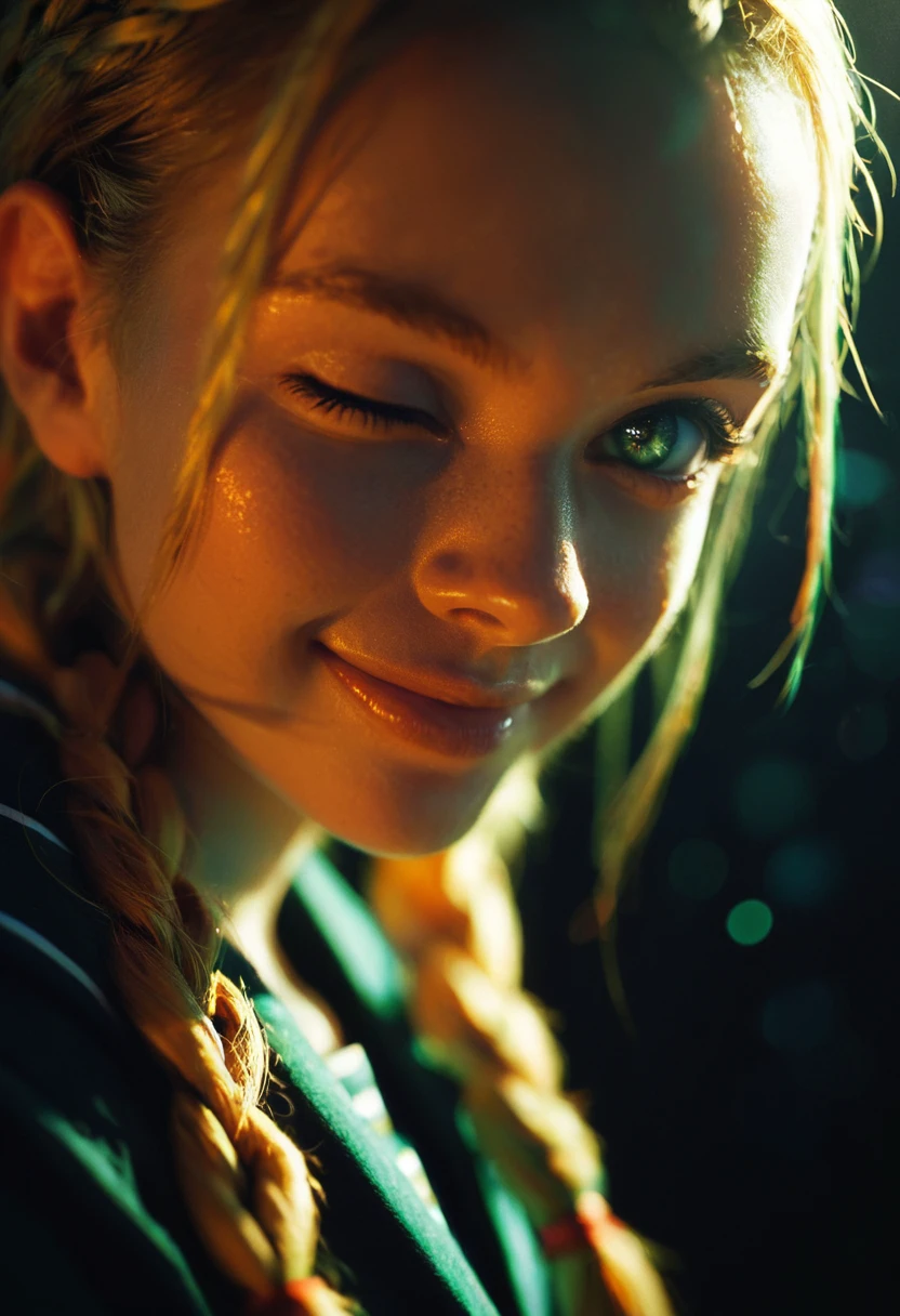 cinematic film still shot of 1woman,   perfect  body,  braids hair with bangs , blonde, (school uniform:1.1), delicate  smile,  one eye closed, close shot, dark background, bokeh, vibrant,  dim light, dutch angle,,, .score_9, score_8_up, score_7_up,score_6_up, rating_safe