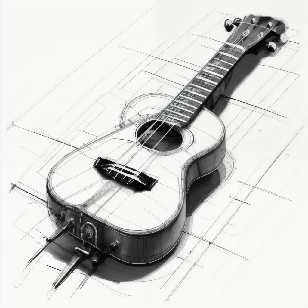 A rough industrial design sketch of a ukulele, featuring dynamic lines and expressive pen strokes. Emphasize the flow and curvature of the ukulele's body, capturing the essence of its organic shape with bold, sweeping lines. The strings should be delicately outlined, with fine crosshatching to suggest texture and depth. Highlight the tuning pegs and sound hole with intricate detailing, creating a sense of craftsmanship and precision. The sketch should feel spontaneous and energetic, as if drawn with quick, confident movements, reflecting the creative process of industrial design. Include subtle shading to enhance the three-dimensional form【6†source】【7†source】.