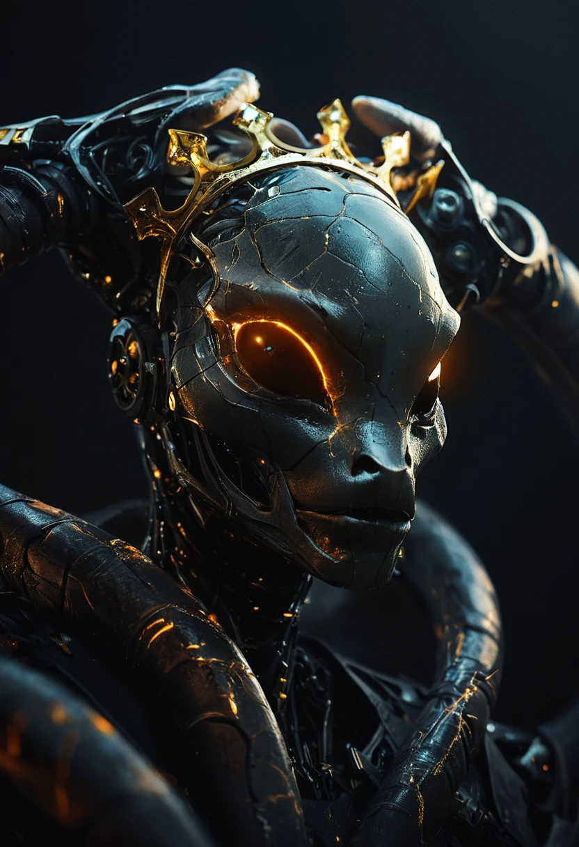 robotic body,made out of black mate steel ,golden cracks , black eyes,f ocused lighting, crown  on head, dark background, close up, portret ,alien  looking creature, tentacles coming out of head, .score_9, score_8_up, score_7_up,score_6_up, rating_safe