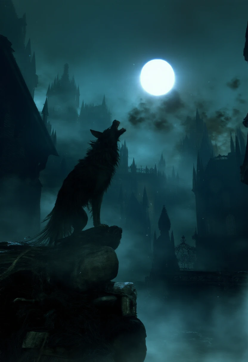 <lora:Bloodborne_Style_FLUX:1.2> bbstyle, horror theme,  a wolf howling at the moon