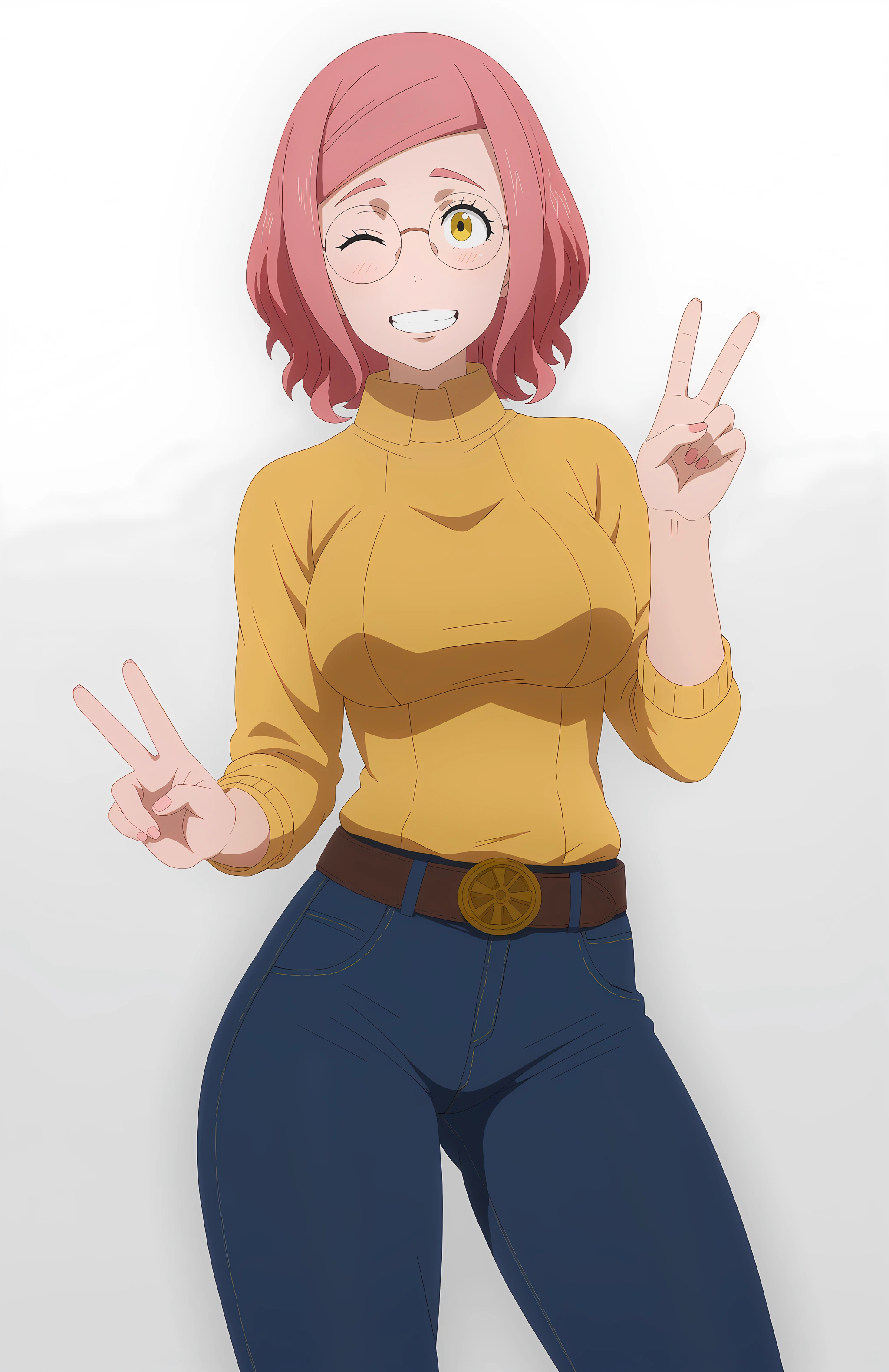 score_9, score_7, (source_anime), (white background, simple background:1.1), standing, large breasts, glasses, yellow eyes, blush, tzasakohague, smile, teeth, pink hair, <lora:Taz_Asako-Hague_V1:1> looking at viewer, turtleneck sweater, jeans, belt, peace sign, wink