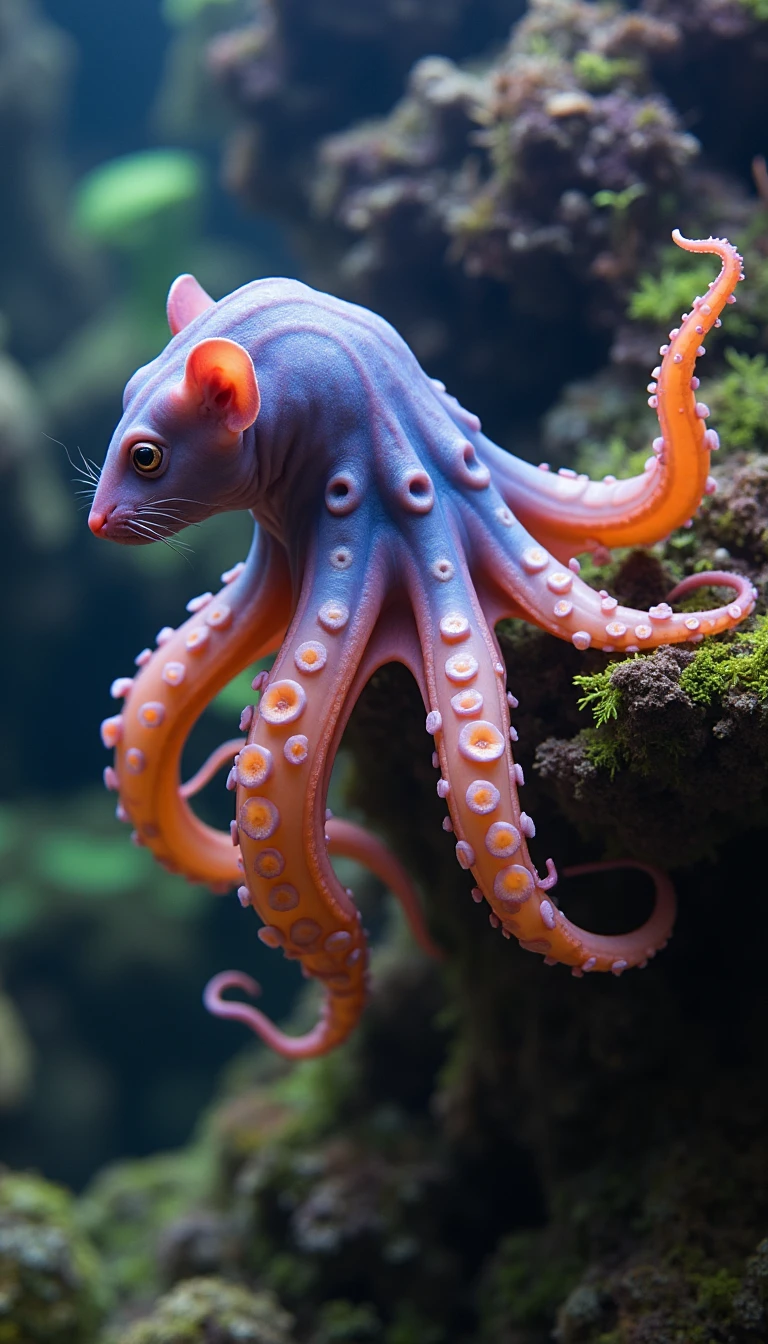 A realistic photo of a cephalopod Dormouse hybrid. The Cephalyra is stuck in an aquarium, but tries to escape by climbing over the edge. The Cephalyra´s tentacles are of the color Periwinkle fading into the color Terracotta.