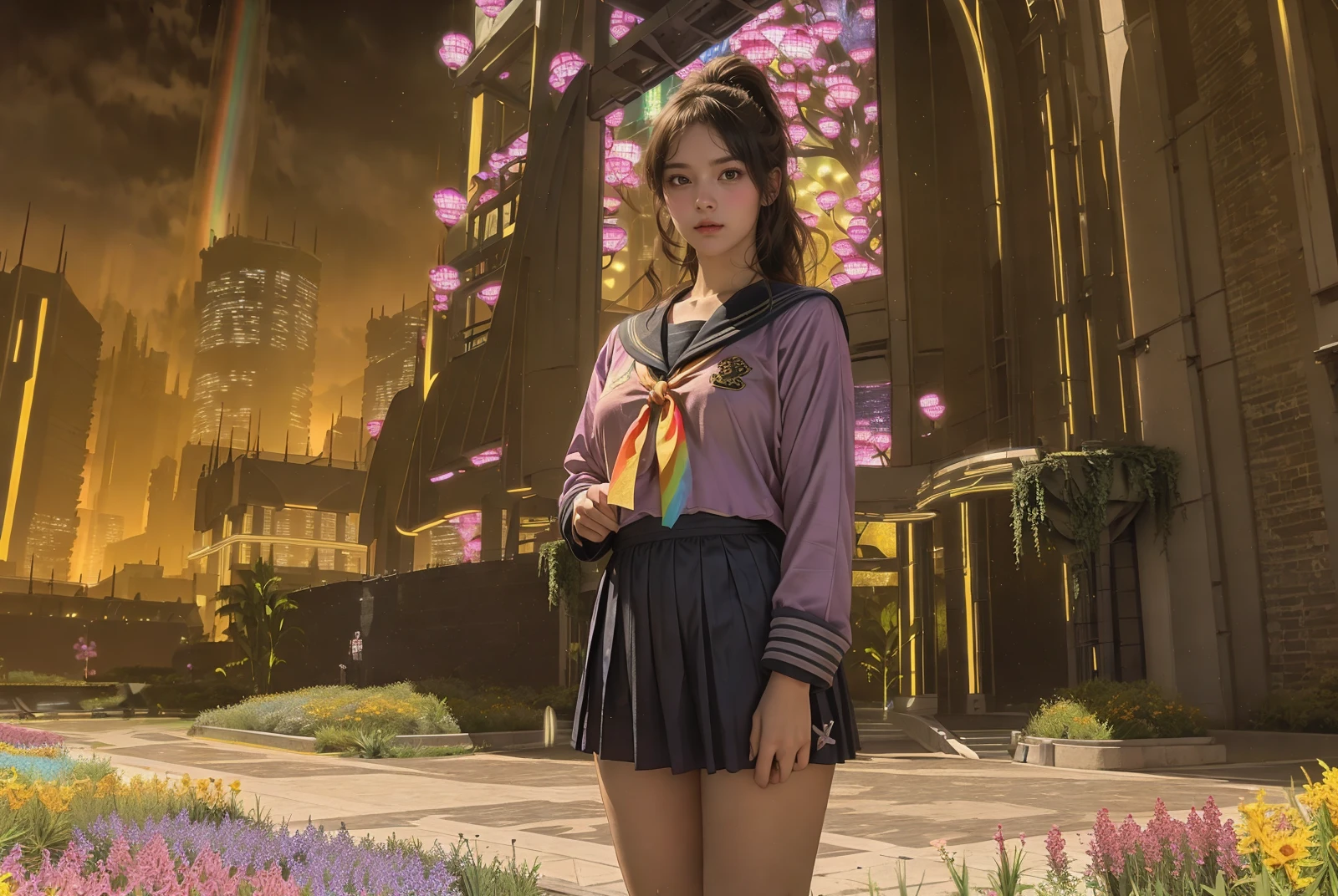 1girl, women, (she is wearing serafuku, sailor suit:1.3), Overhead camera, sharp focus, handsome, plump legs, skinny, professional lighting, rendered eyes, tall body, adult woman, hair ornament, instagram most viewed, official wallpaper, official art, (japanese idol), building, ((photorealistic painting art by midjourney and greg rutkowski)), BREAK (bangs, medium wavy hair, brown hair, standing), (LivingMemory, landscape, flower field, aircraft, fantasy, grass, rainbow, outdoor:1.3), <lora:LivingMemory:0.8>,