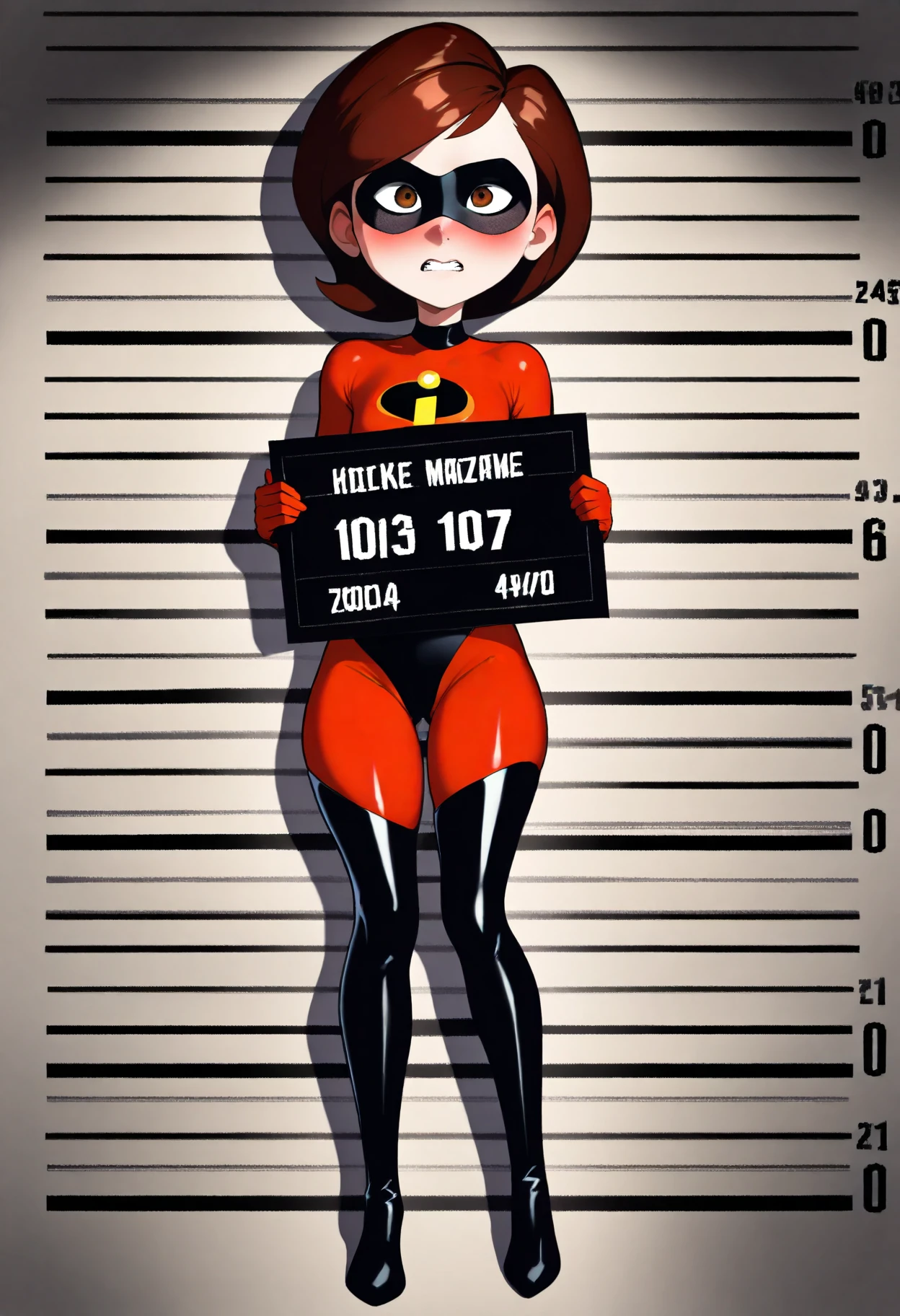 best quality, amazing quality, very aesthetic, absurdres,
1girl, helenparr, brown eyes, domino mask, bodysuit, mugshot, holding sign, looking at viewer,   <lora:HelenParrIllustriousXL_byKonan:1>