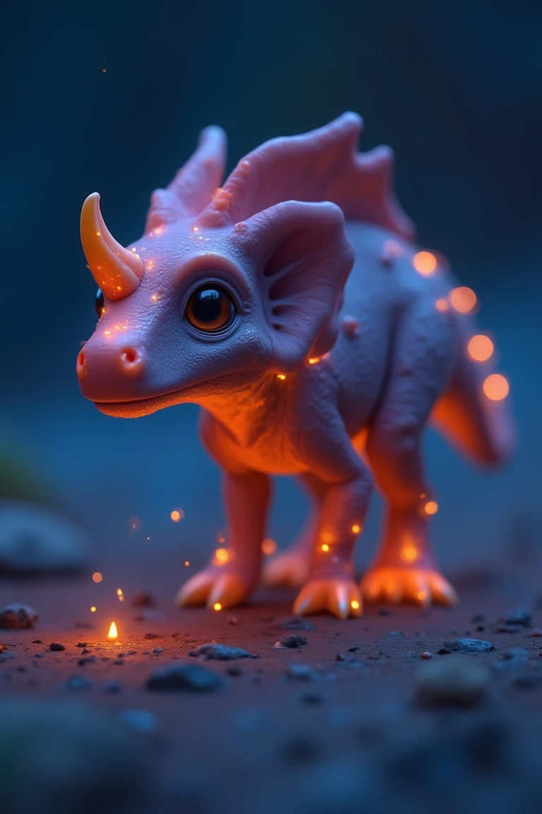 A small, fantastical dinosaur with a textured, scaly skin of a light purple hue stands in a dimly lit, magical setting. Its frill and horns are adorned with vibrant, glowing orange and yellow lights. The dinosaur's alert, curious eyes reflect the warm glow of scattered embers on the ground, while the background remains blurred in deep blue tones, creating an enchanting and mysterious atmosphere.
