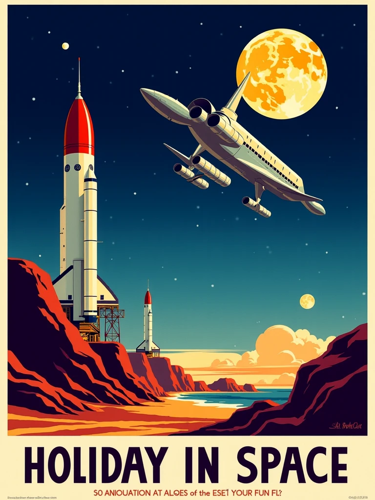 Travel Poster. Print  "Holiday in Space". Space station. Moon rise.

vntgtrvlpstrCE style